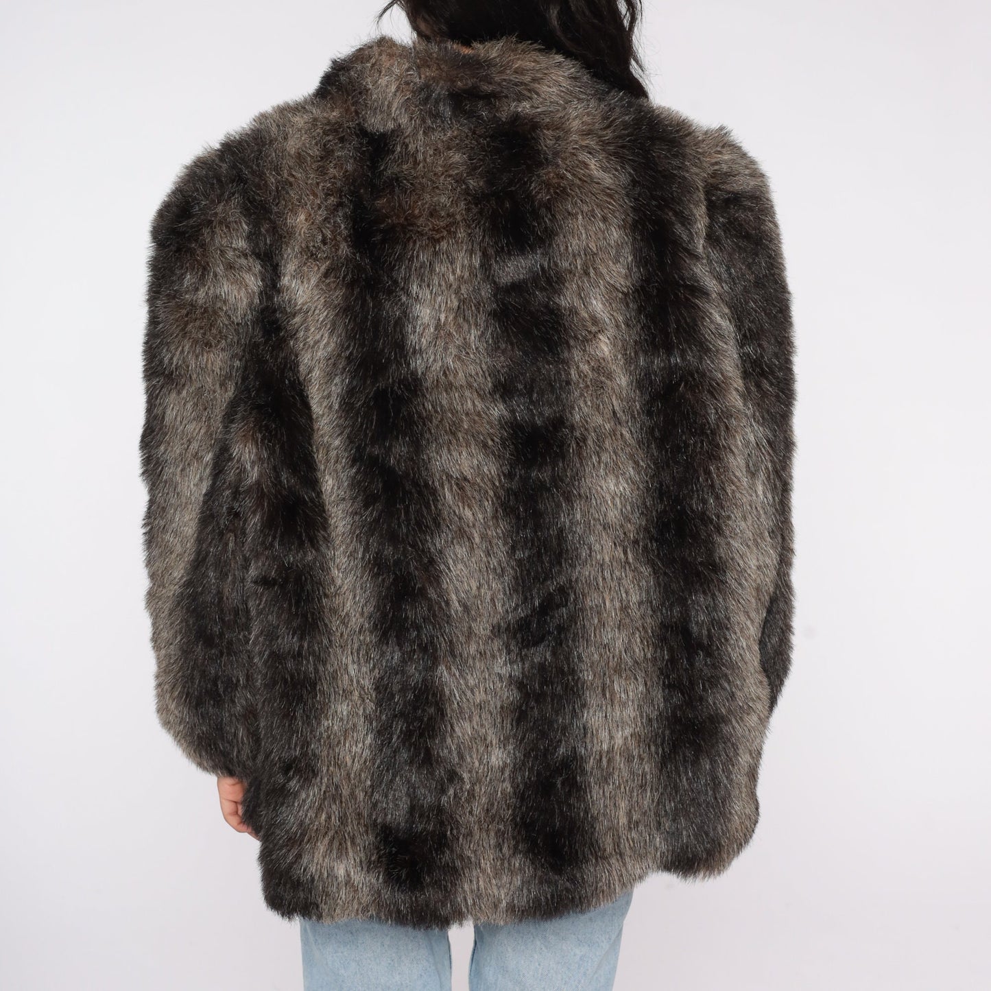 80s Brown Striped Faux Fur Coat Jacket Large L