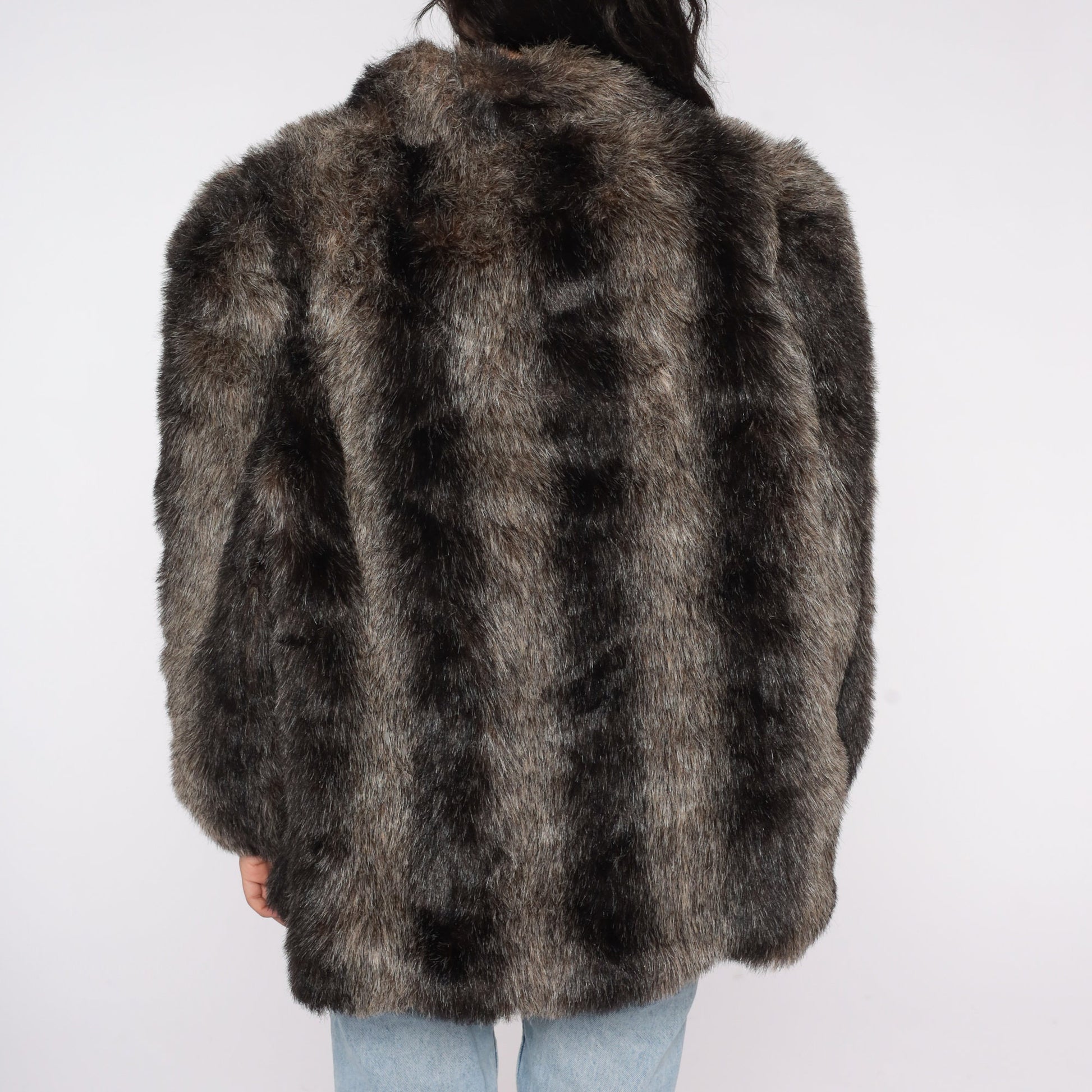 80s Brown Striped Faux Fur Coat Jacket Large L