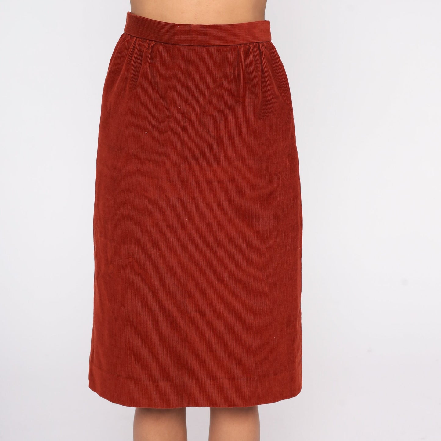 80s Rust Orange Corduroy Pencil Midi Skirt High Waist Small
