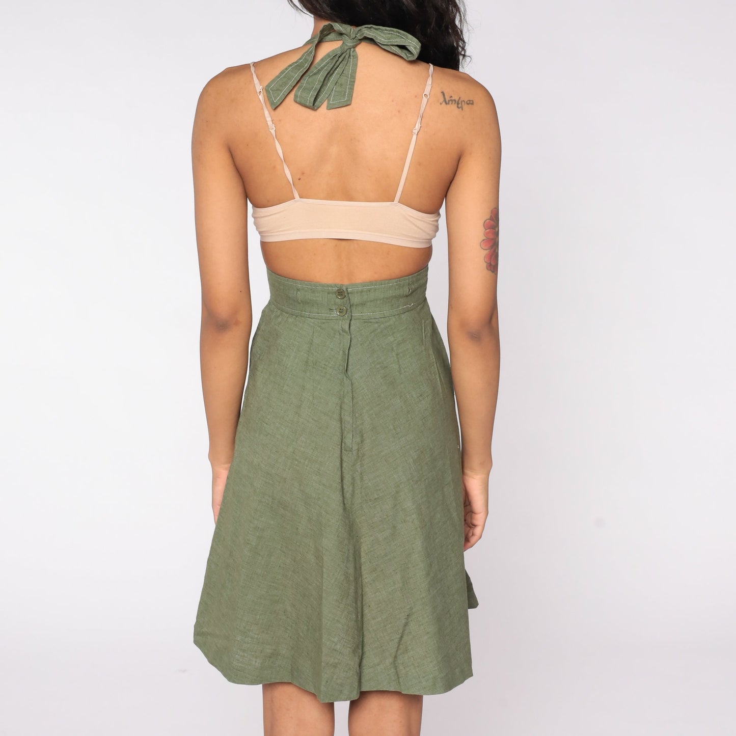 70s Green Patchwork Apple Halter Apron Dress Cotton Extra Small