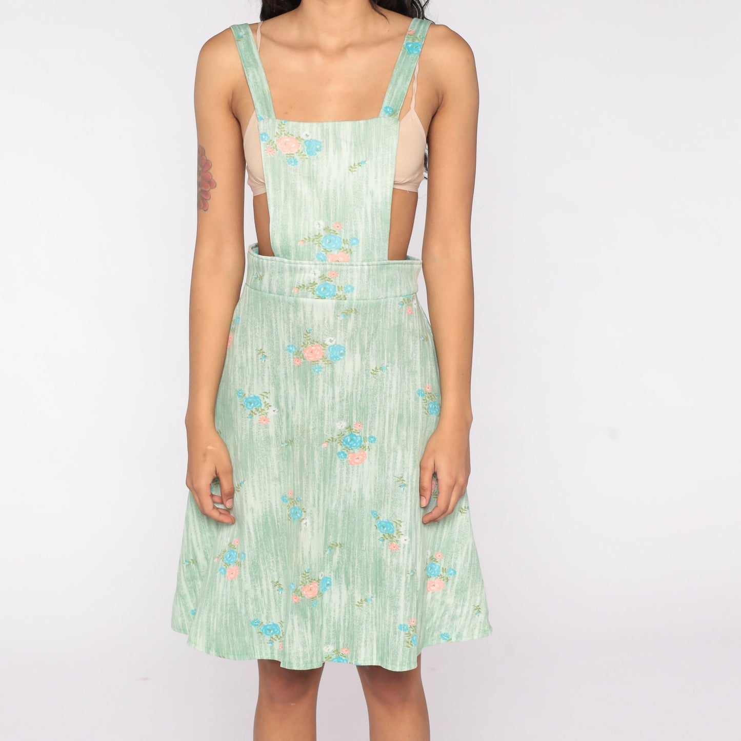 70s Green Floral Apron Dress Midi Pinafore Small