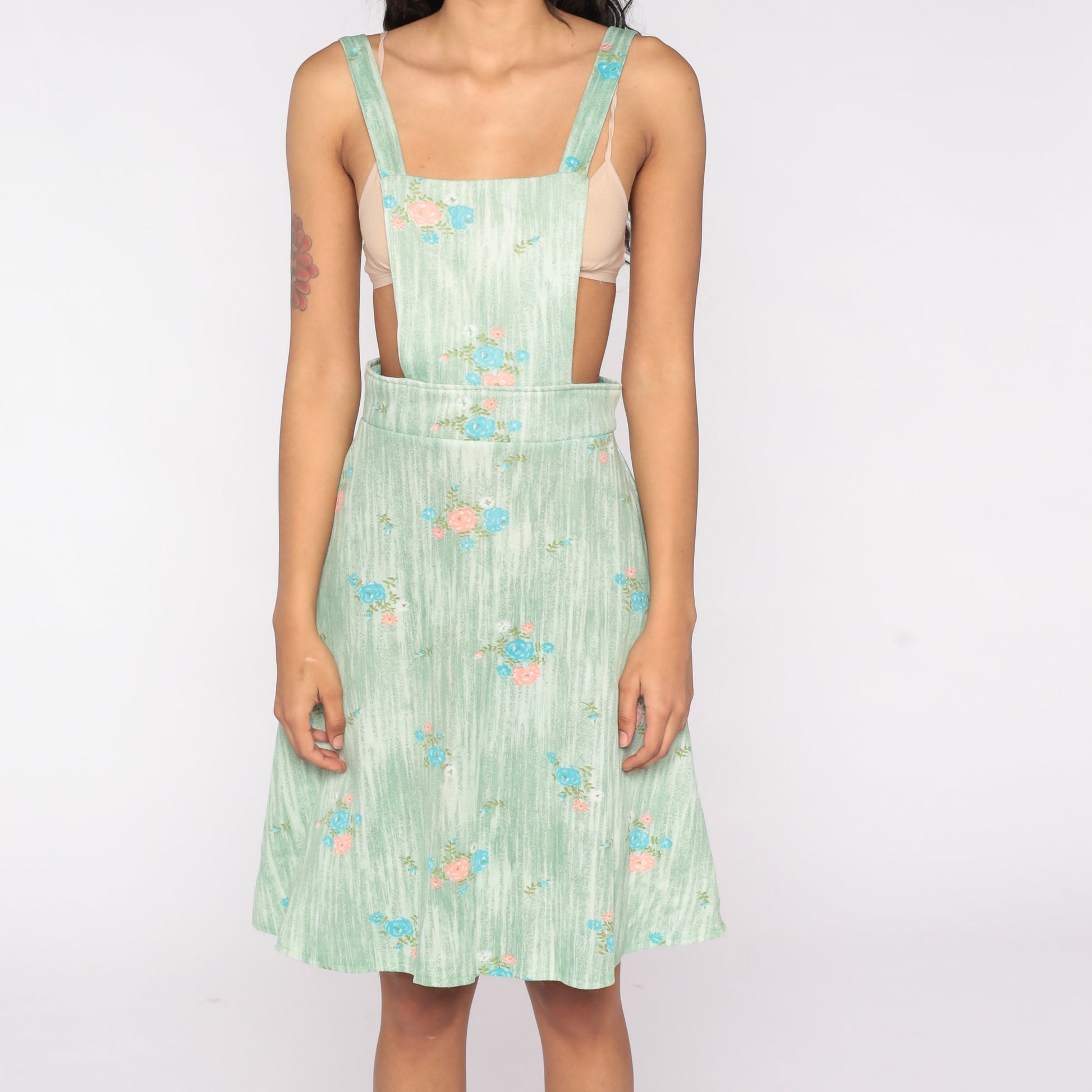 70s Green Floral Apron Dress Midi Pinafore Small