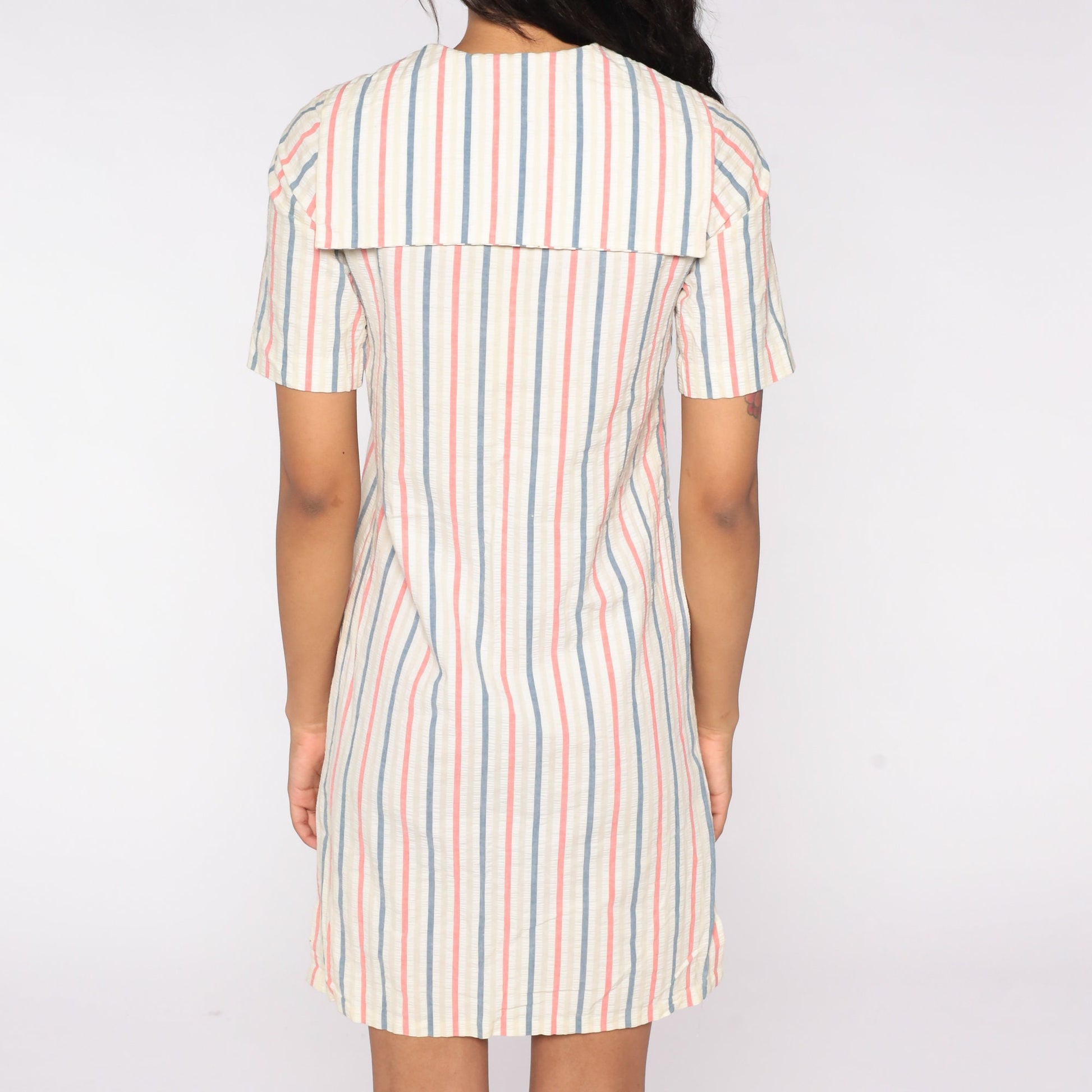 70s Striped Sailor Collar Mini Dress Short Sleeve Shift Nautical Extra Small XS