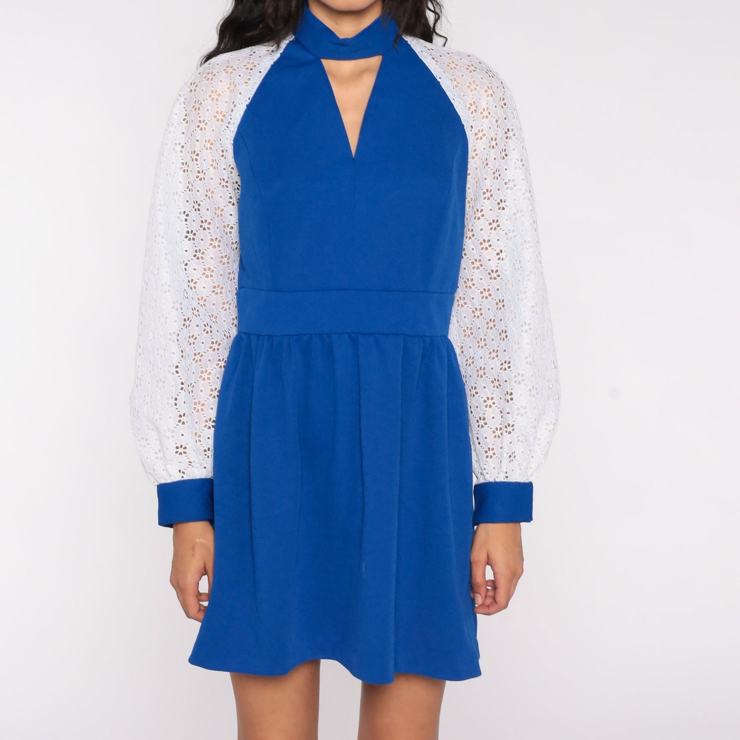 70s Blue Mini Dress Choker Collar Puff Sleeve High Waist Lace Floral Small