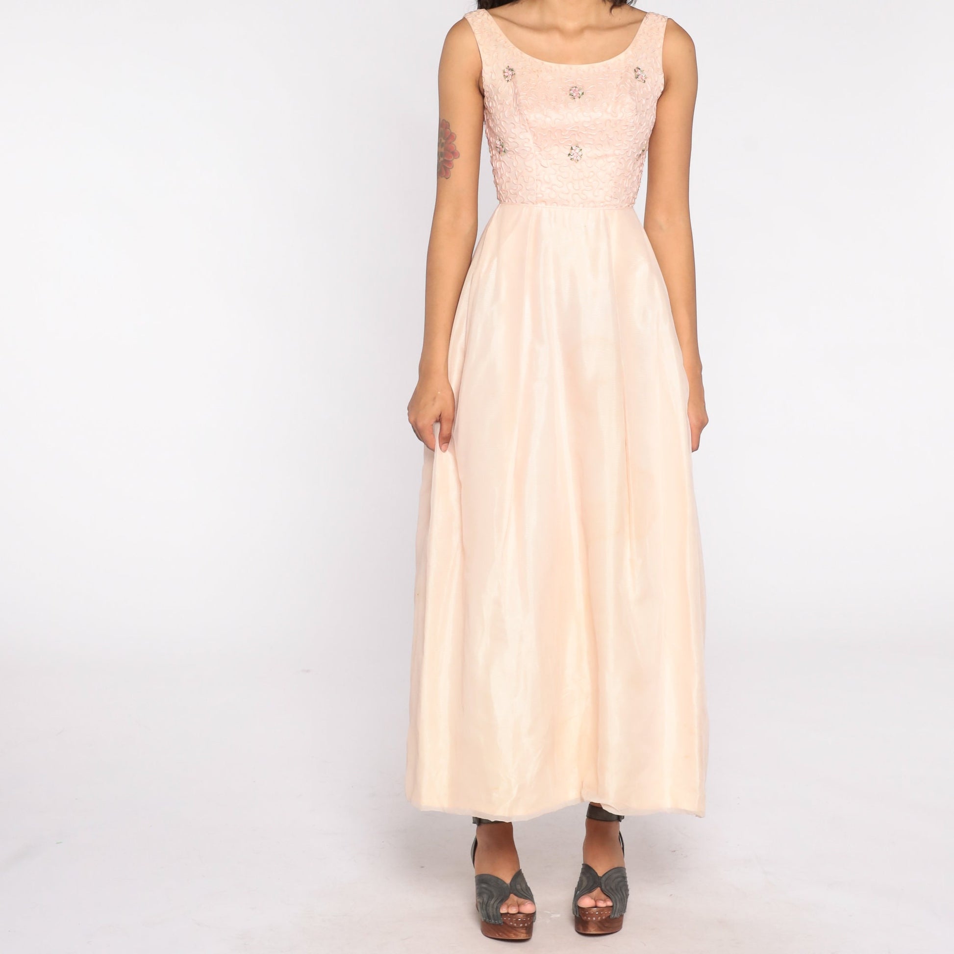 60s Pink Floral Maxi Dress Full Skirt Sleeveless Formal Gown Extra Small XS