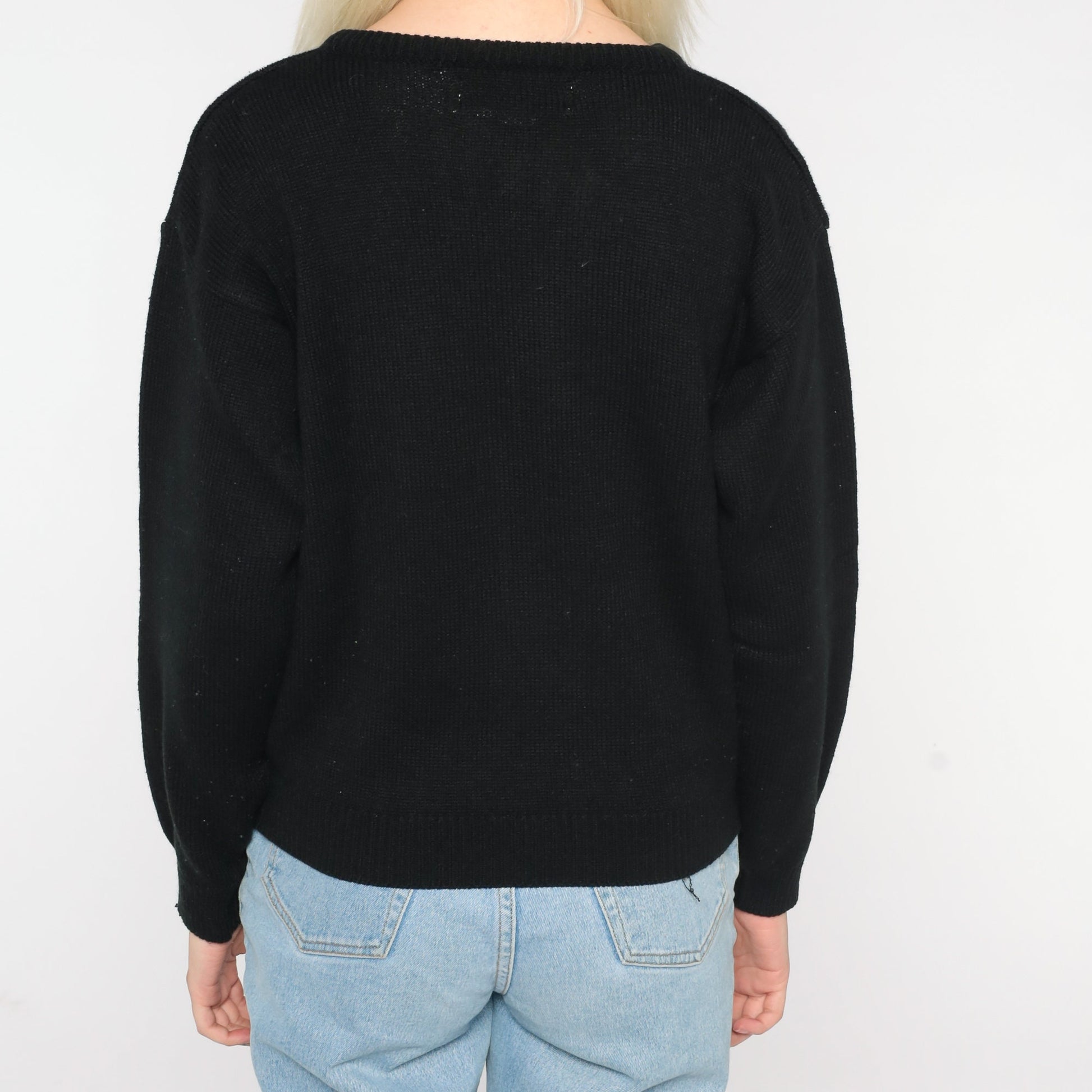 80s Black Floral Abstract Knit Sweater Pullover Medium M