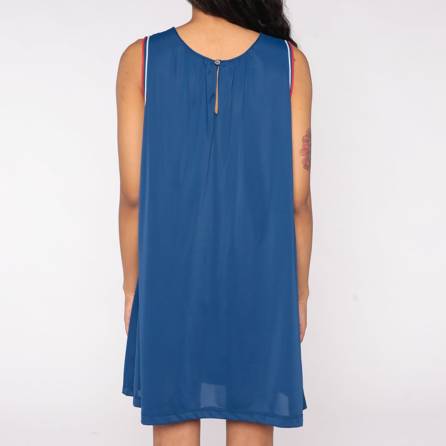 70s Blue Striped Nightgown Sleeveless Mini Lounge Dress Keyhole Back Large