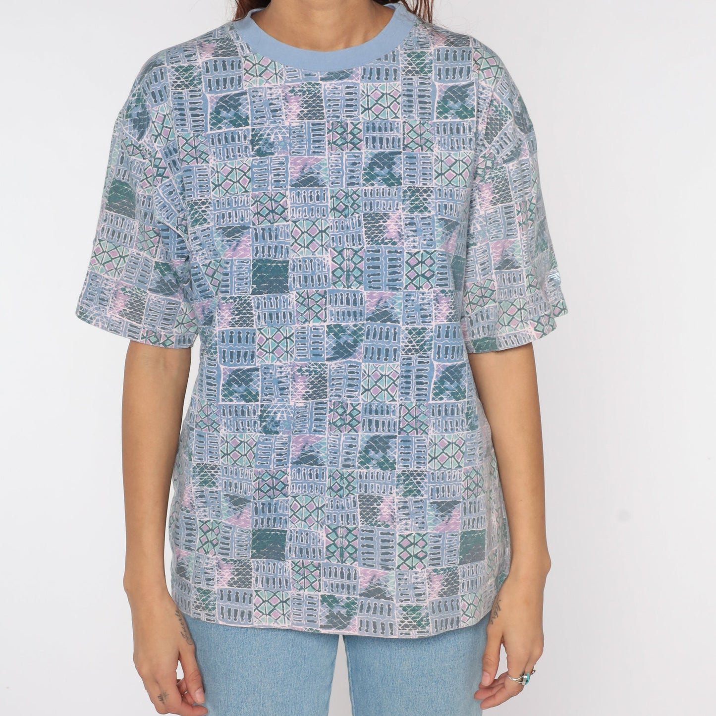 90s Dockers Geometric Patchwork T-Shirt Blue Striped Print Medium M