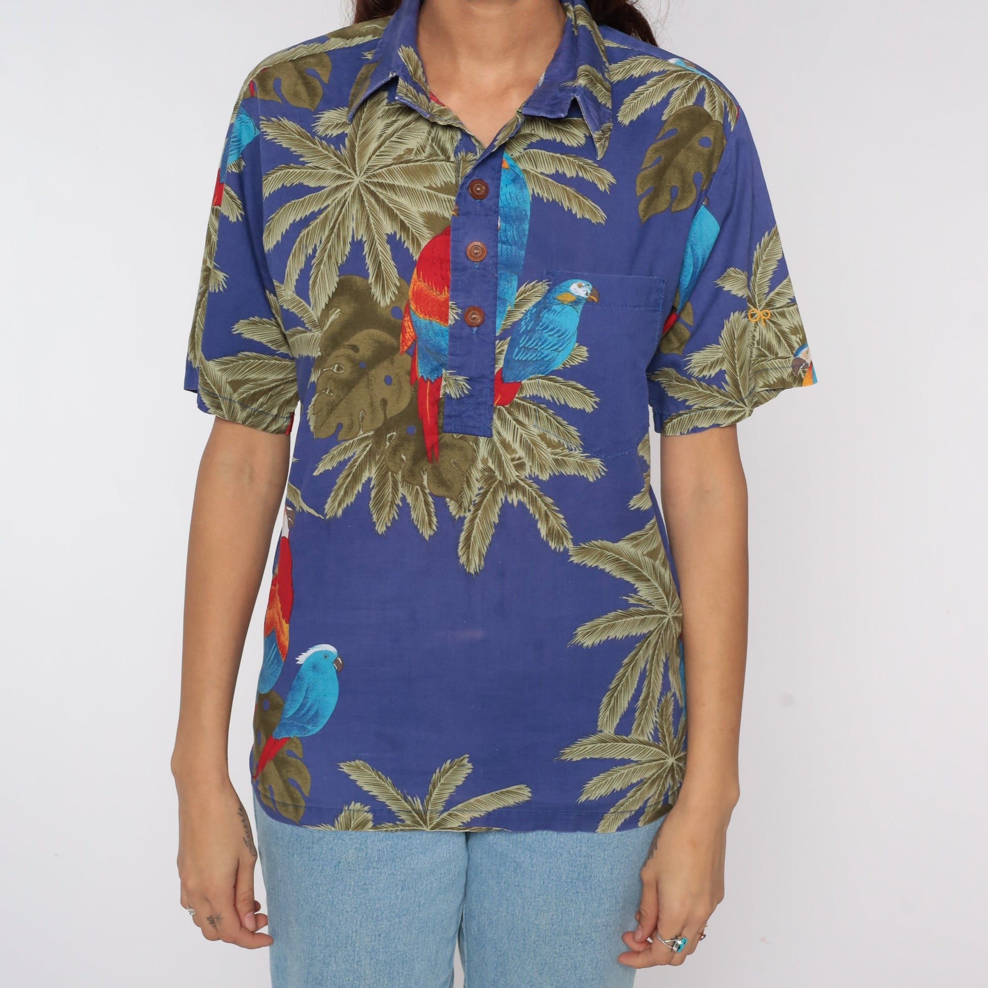 80s Ocean Pacific Tropical Polo Shirt Parrot Palm Leaf Print Small