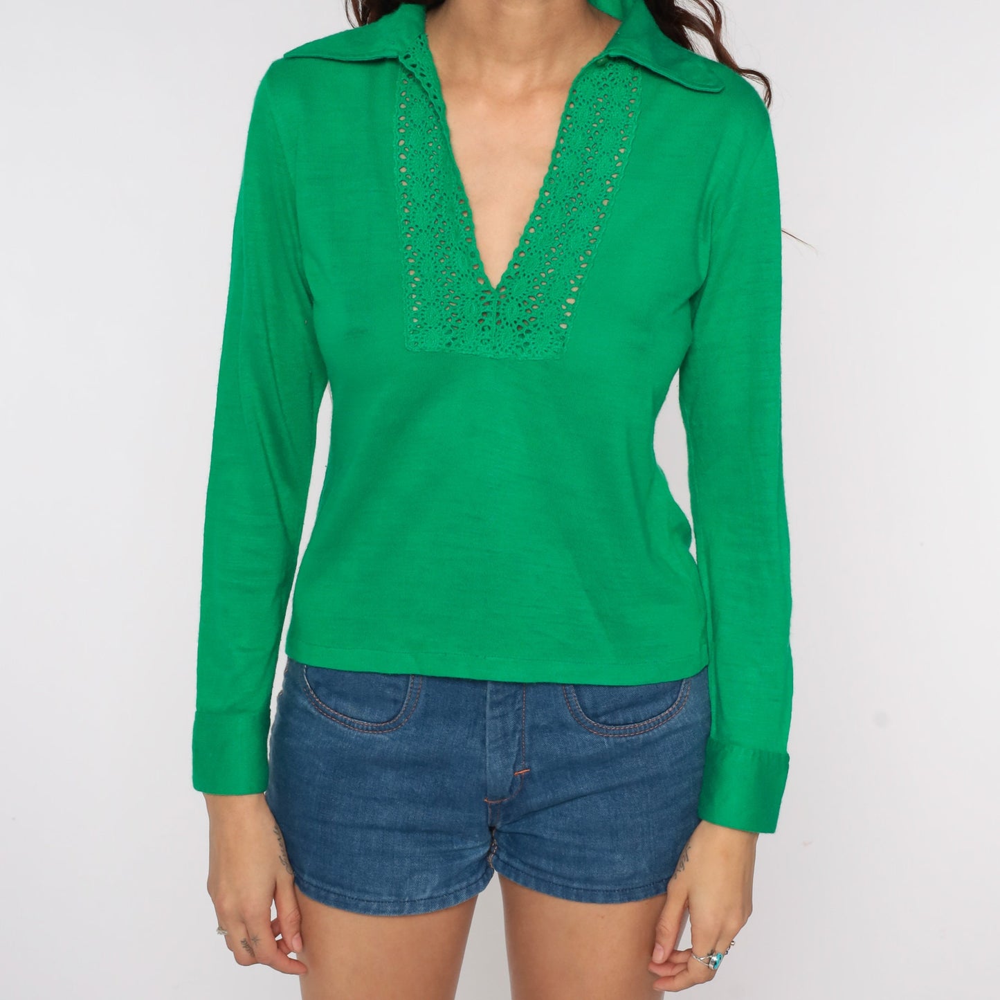 70s Green Collared Blouse Crochet Trim V Neck Long Sleeve Small