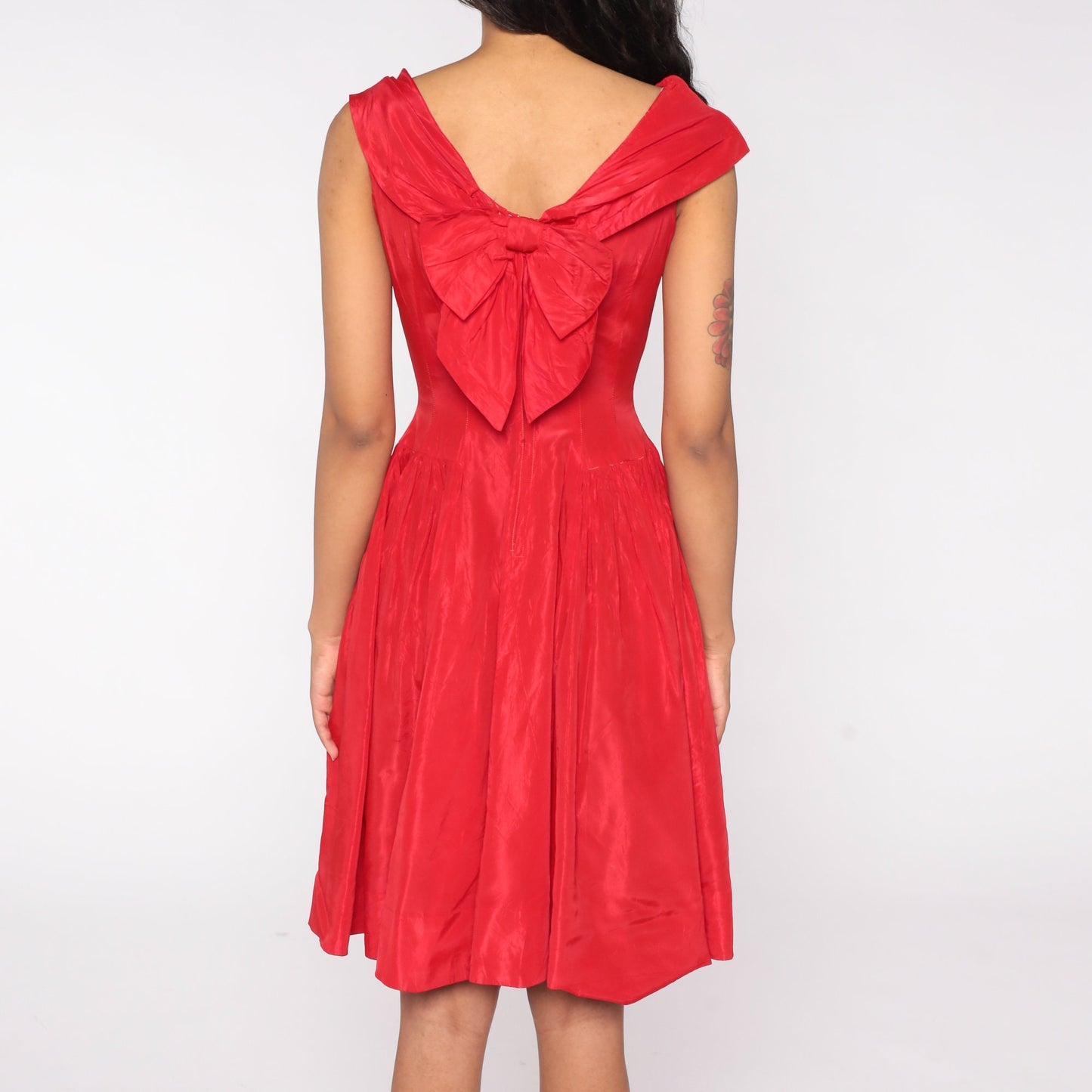 60s Red Cap Sleeve Party Dress Bow Back High Waist Mini Small
