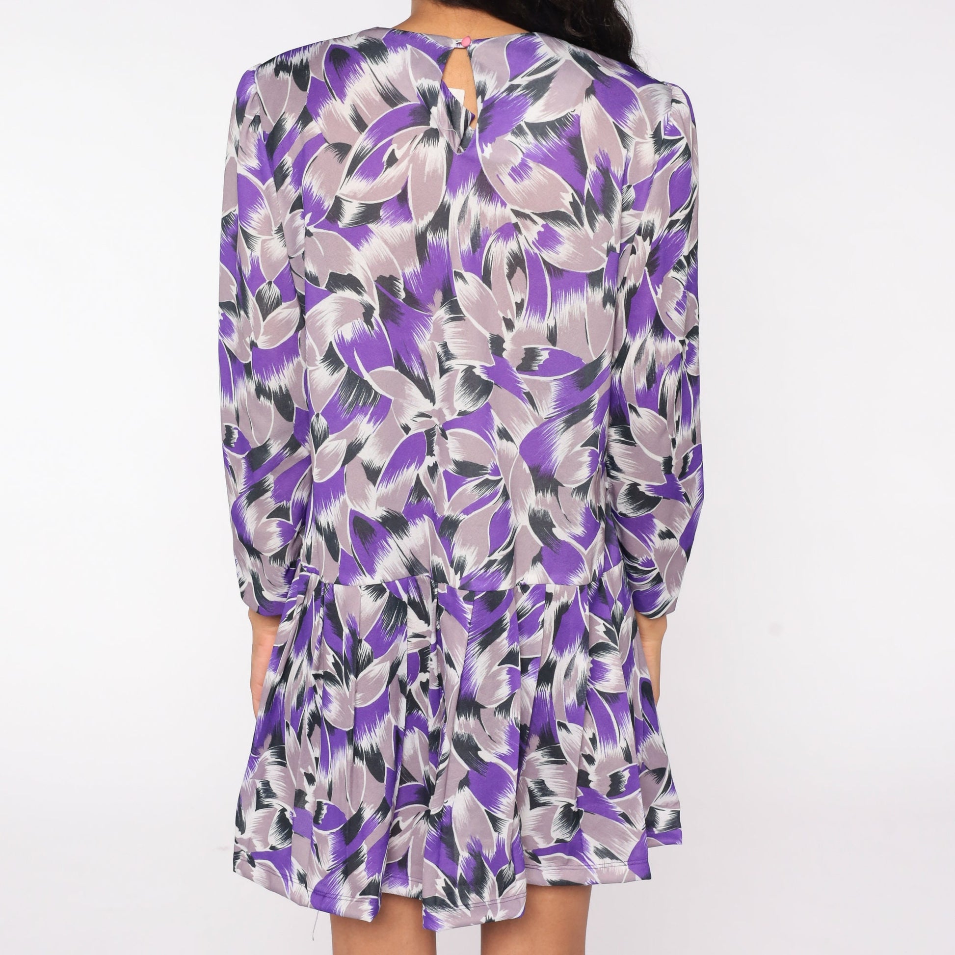 80s Purple Abstract Floral Mini Dress Puff Sleeve Drop Waist Large L