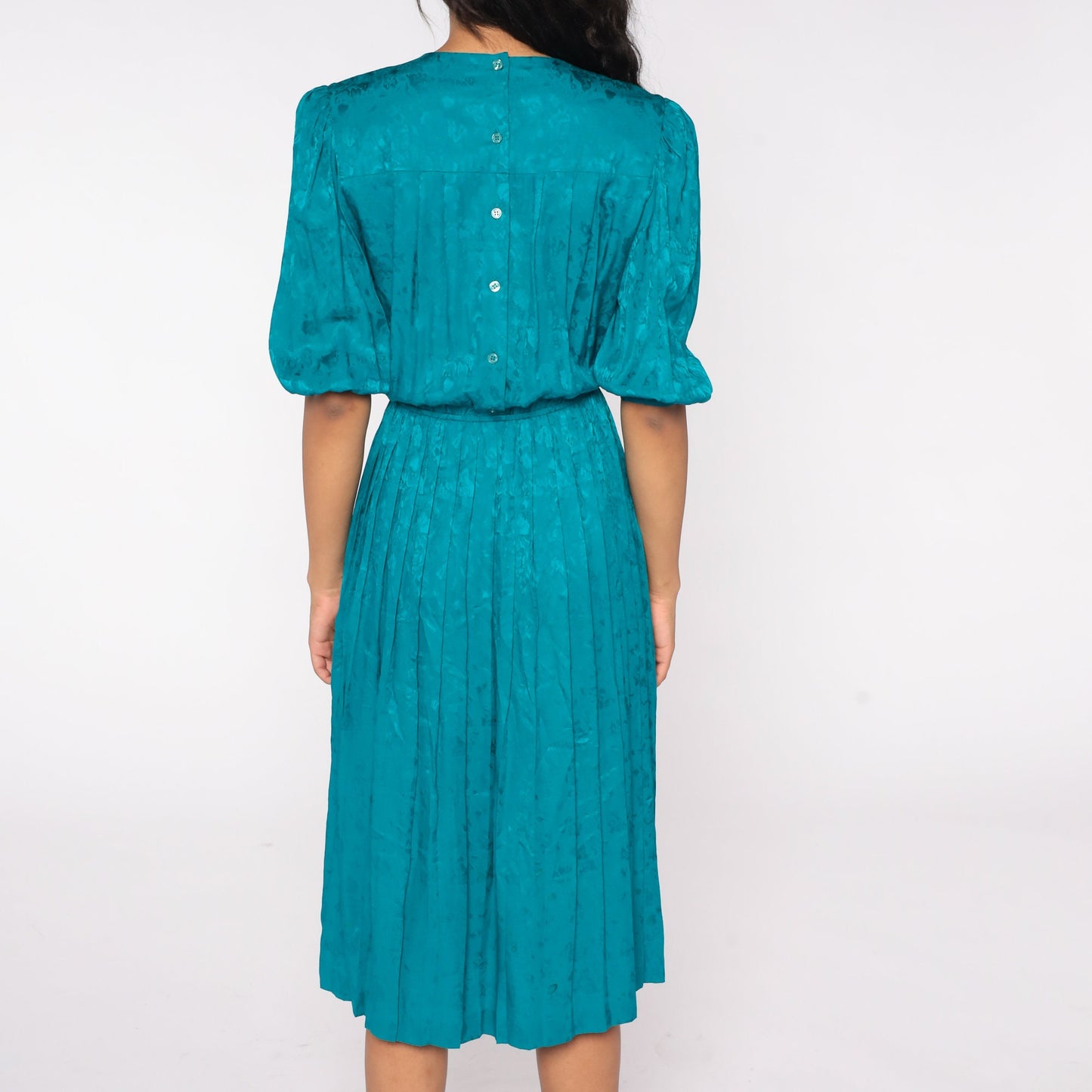 90s Teal Silk Midi Dress Puff Sleeve High Waist Pleated Floral Small