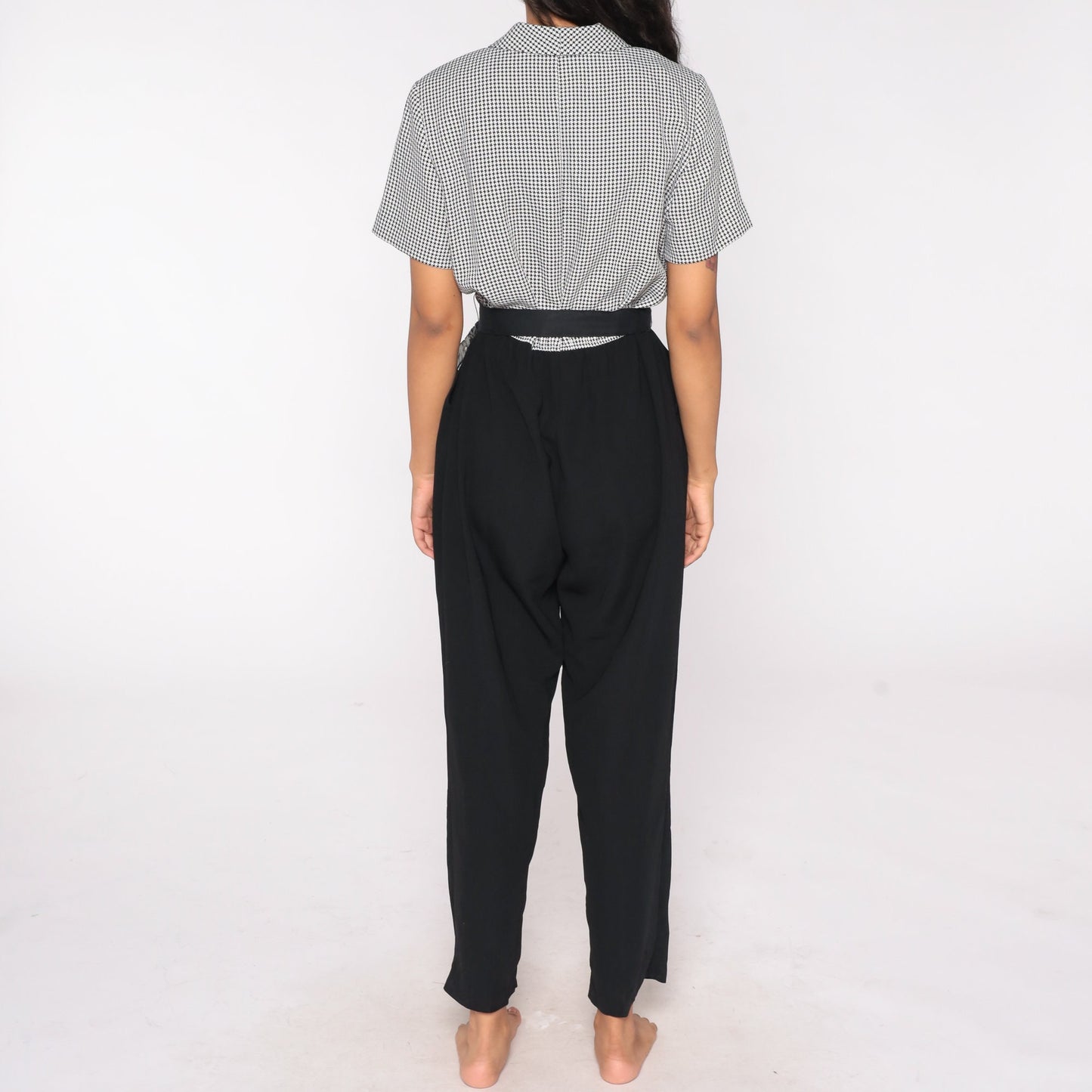80s Black Checkered Jumpsuit High Waisted Collared V Neck Belted Pantsuit Large