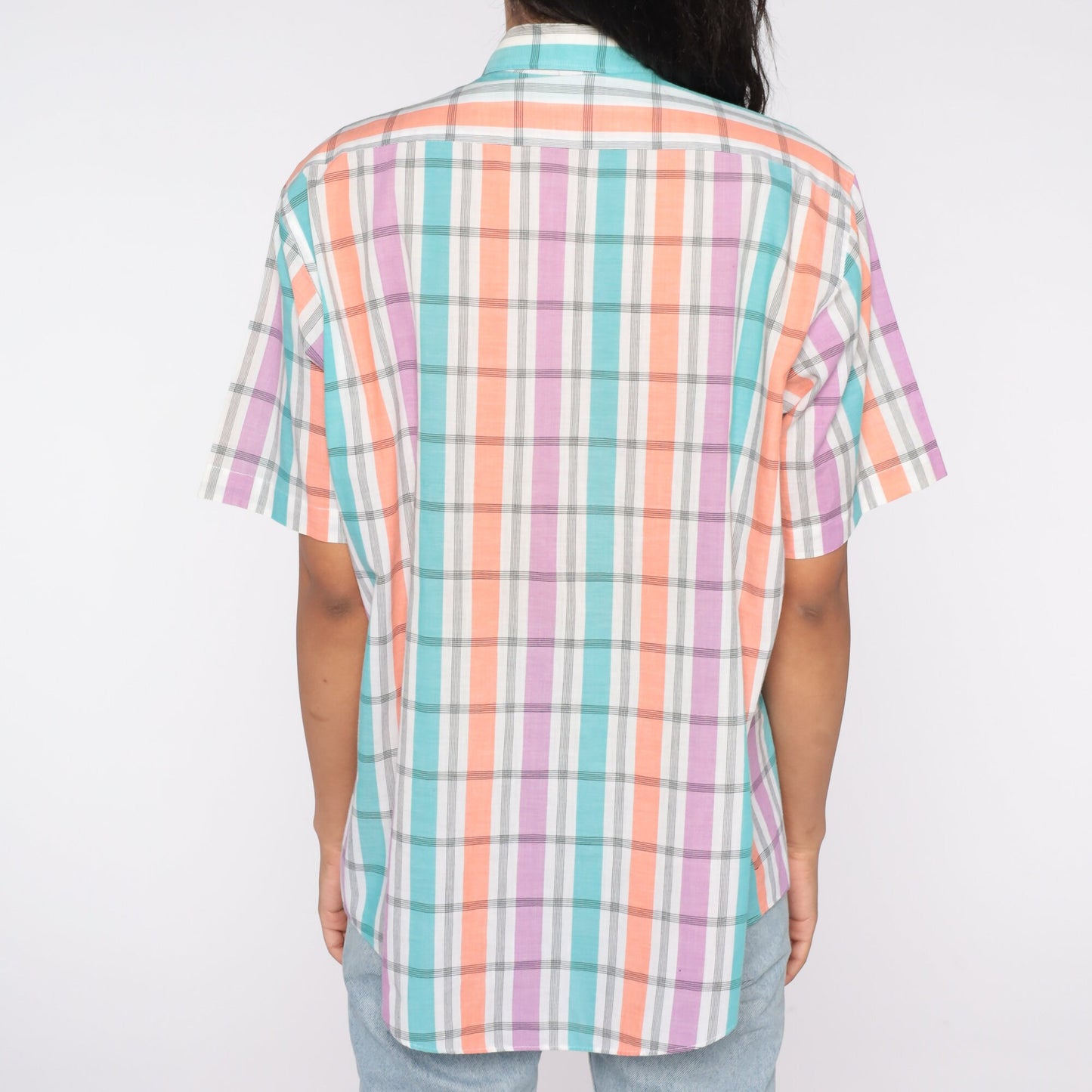 90s Plaid Button Up Shirt Short Sleeve Purple White Checkered Extra Large XL
