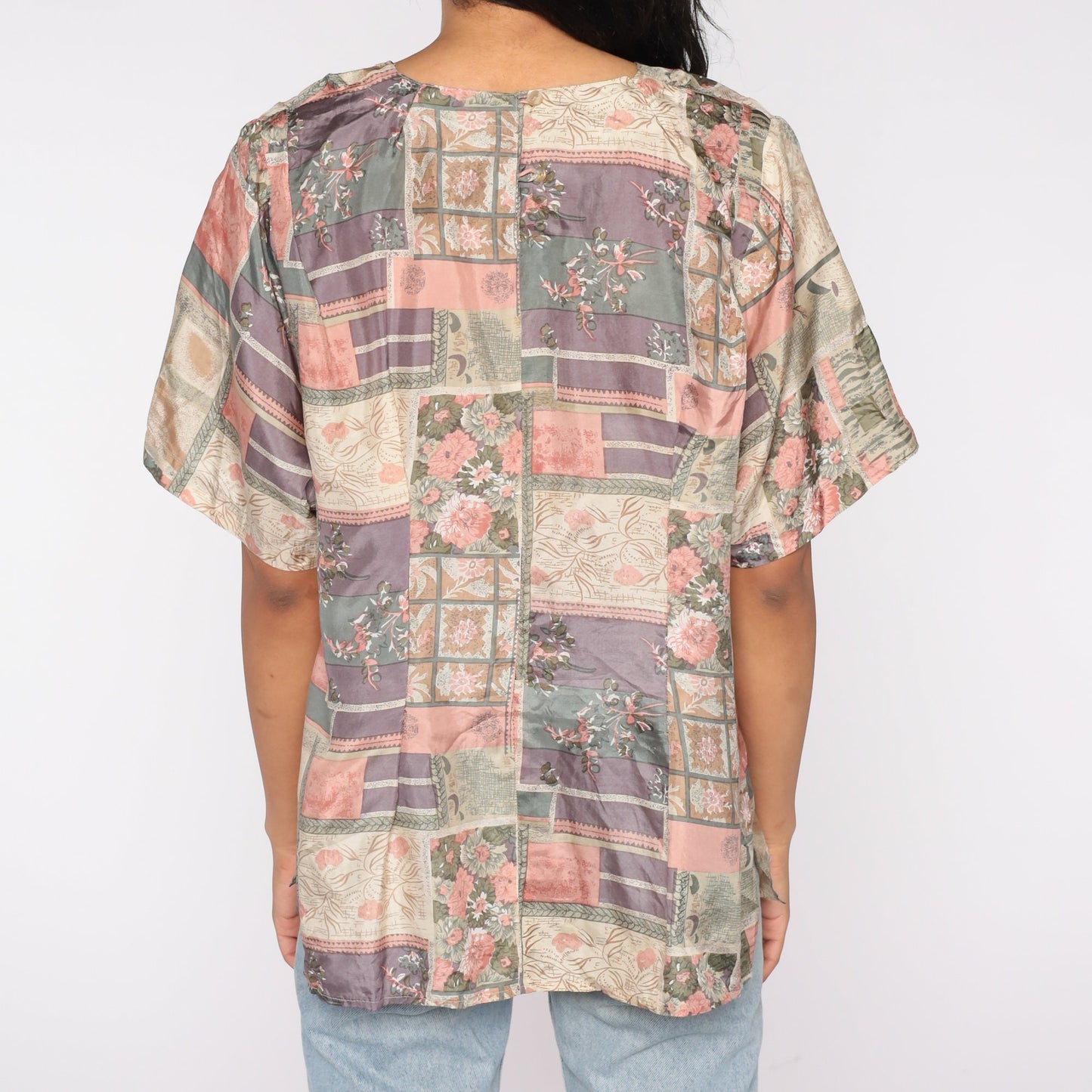 90s Silk Blouse Abstract Floral Patchwork Print Short Sleeve Pink Purple Extra Large XXL