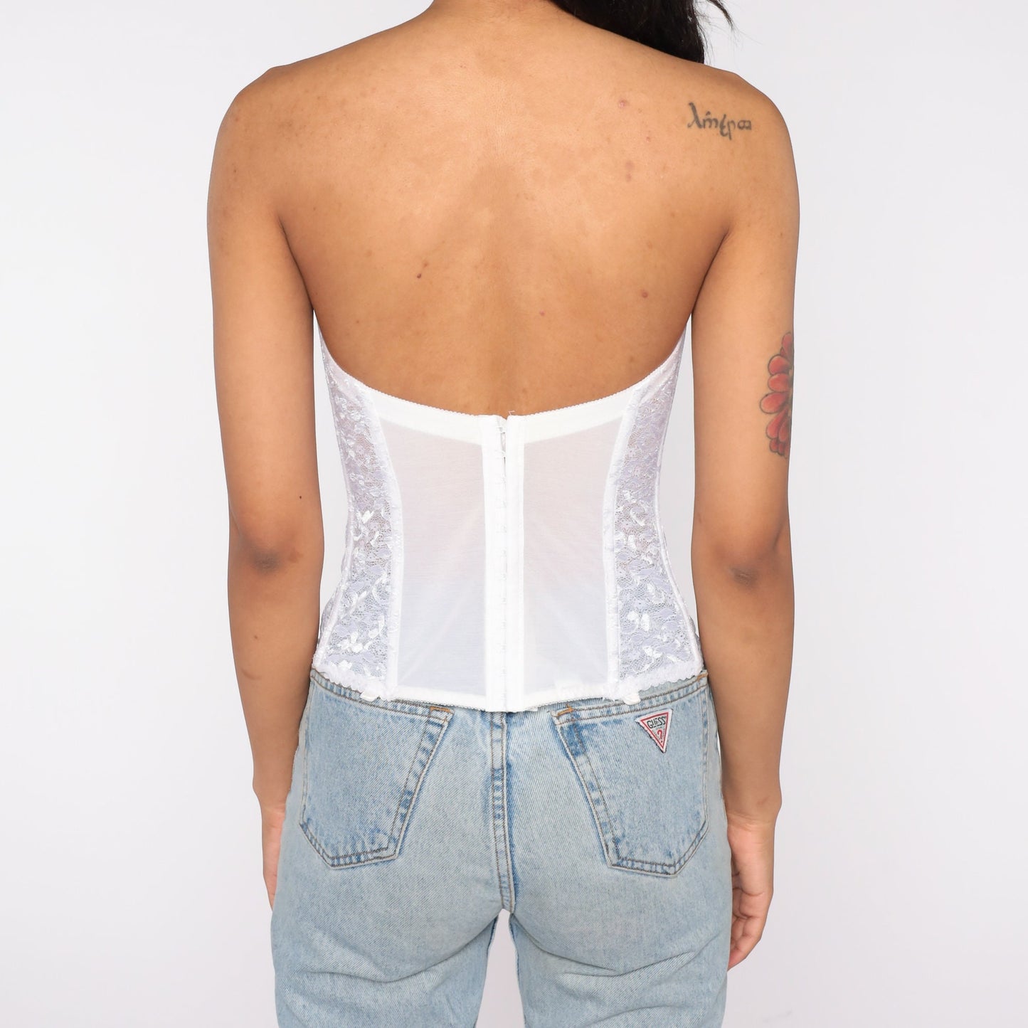 80s White Floral Lace Bustier Corset Boned Strapless Sweetheart 34B