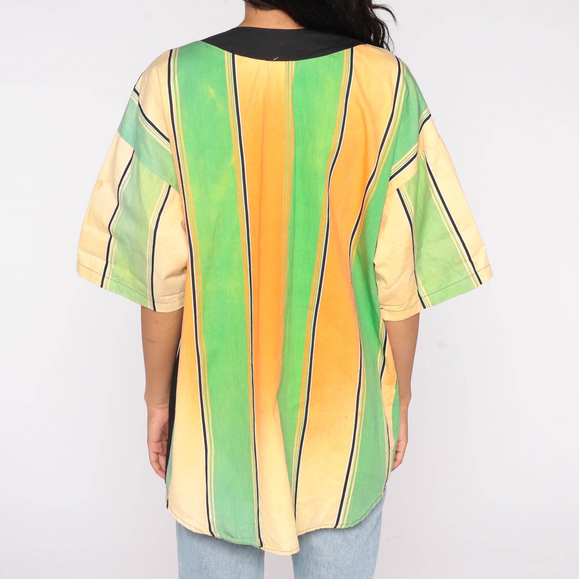 90s Neon Green Orange Striped Baseball Jersey Cotton Button Up Large