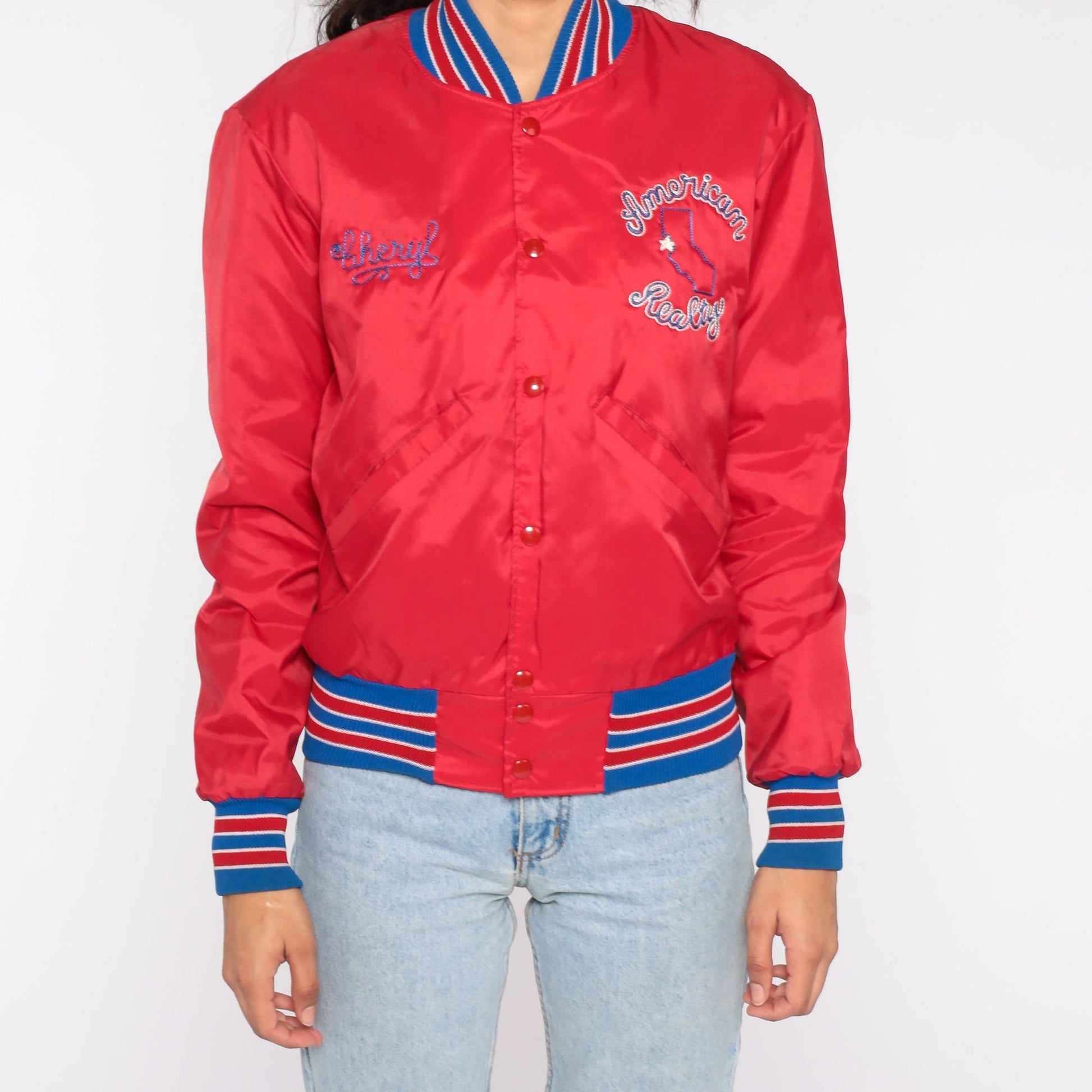 80s Red Bomber Jacket Cheryl American Realty Embroidered Snap Front Extra Small XS