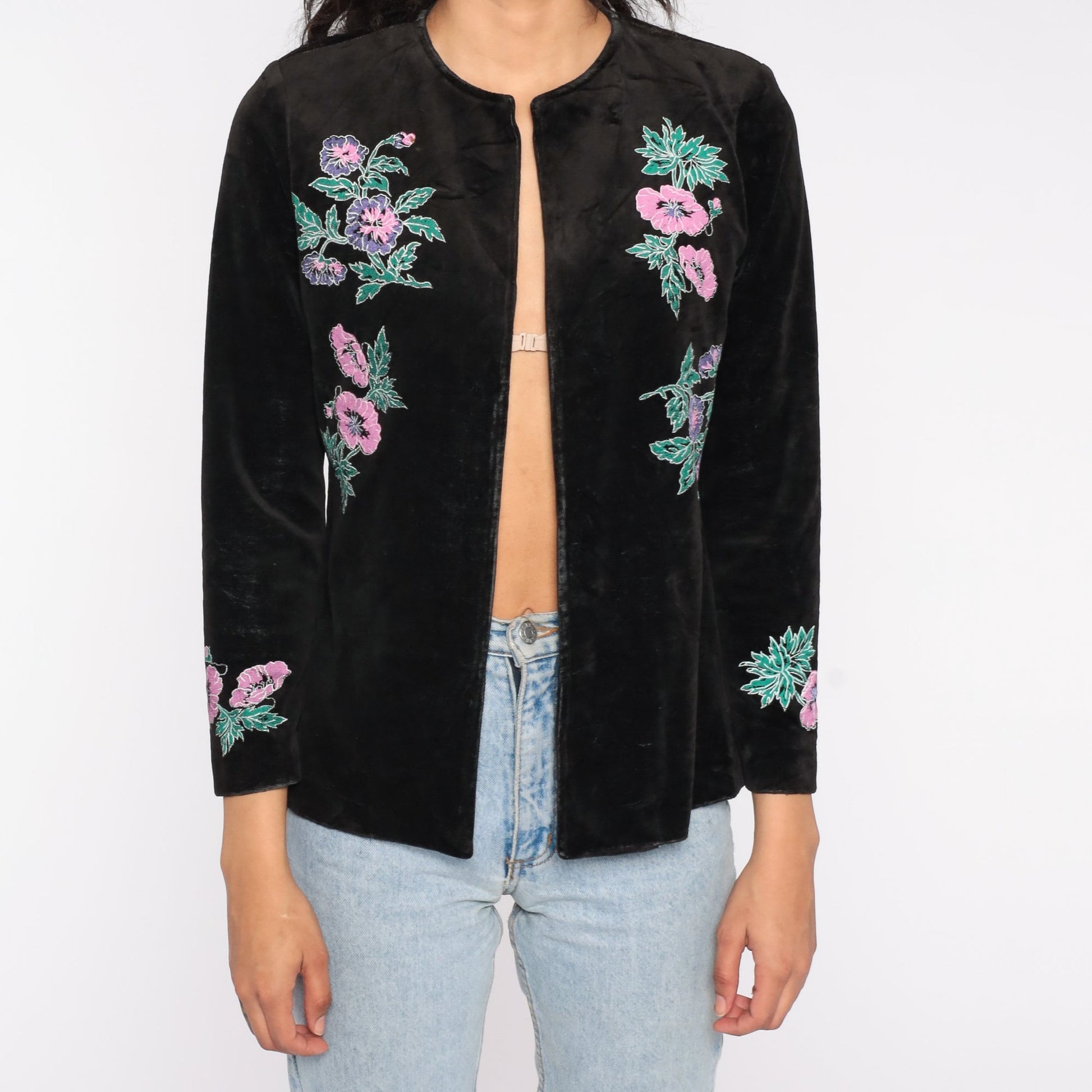80s Black Velvet Floral Embroidered Open Front Blazer Small