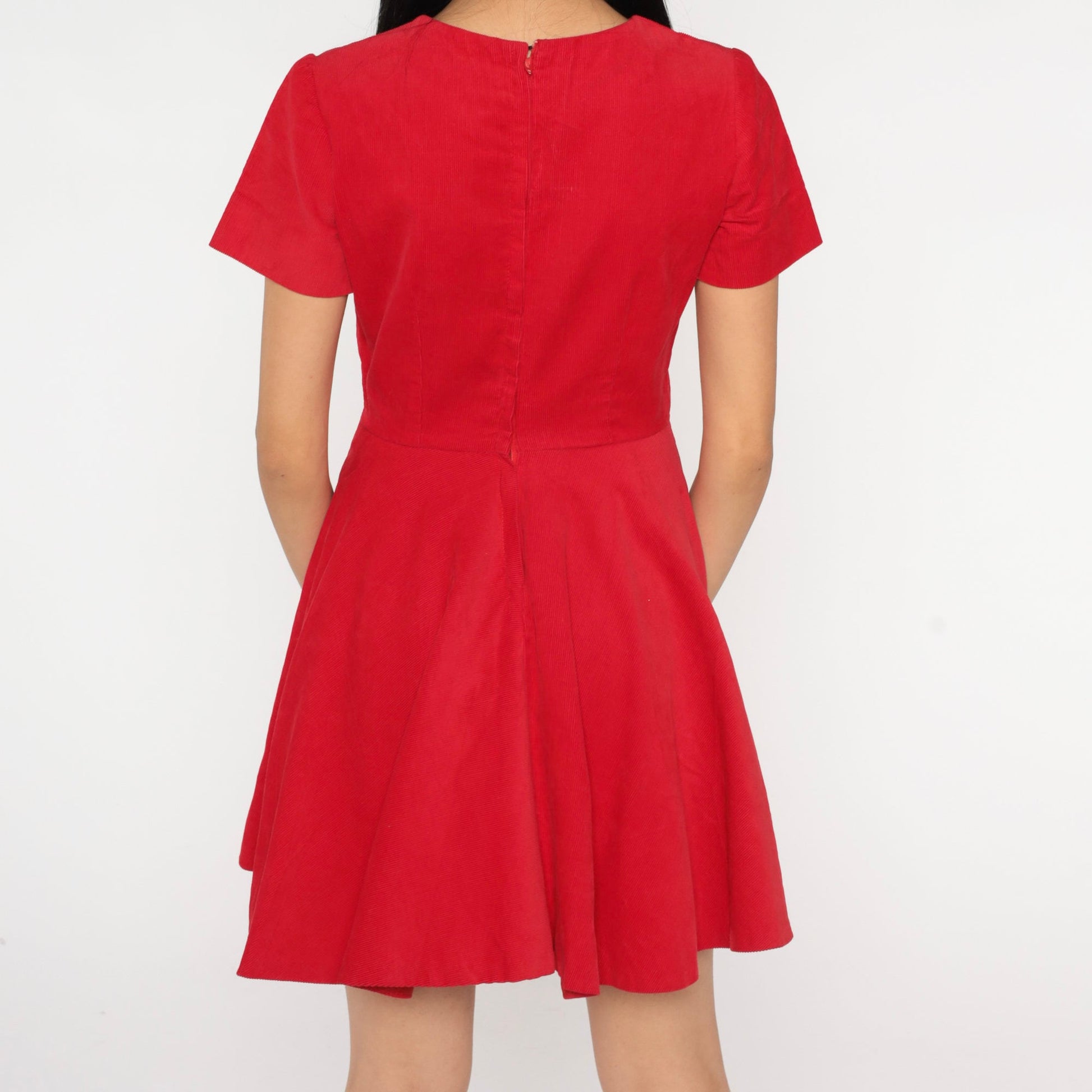 80s Red Corduroy Mini Dress High Waist Short Sleeve Fit Flare Small S