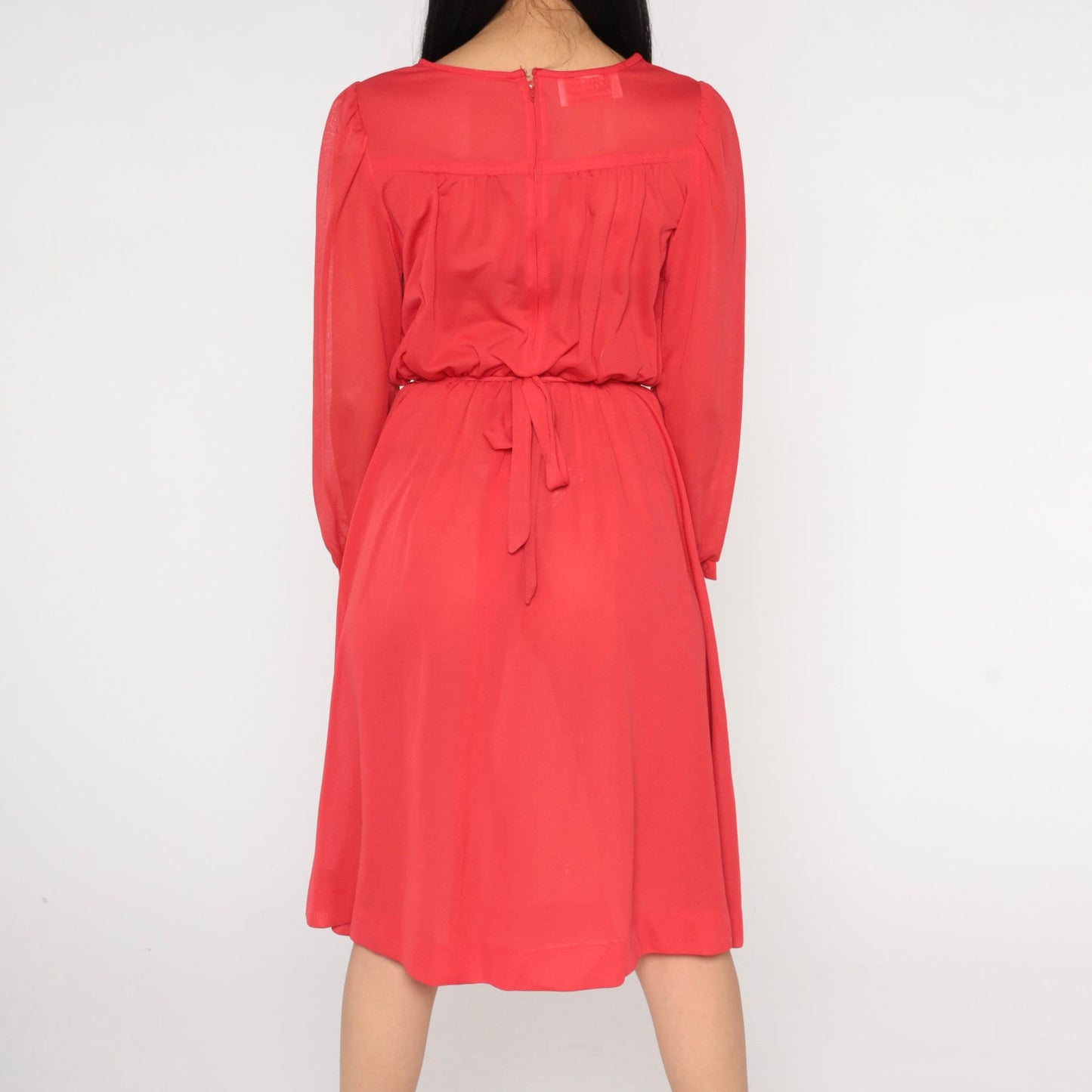 70s Red Sheer Midi Dress Puff Sleeve High Waist Long Sleeve Small Medium