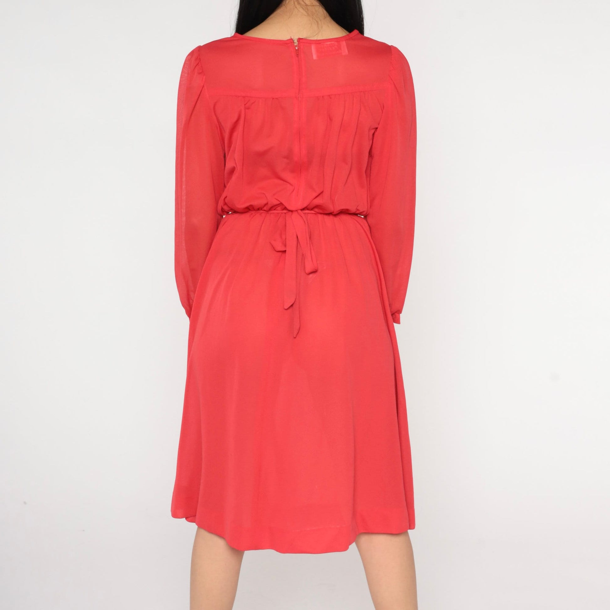 70s Red Sheer Midi Dress Puff Sleeve High Waist Long Sleeve Small Medium