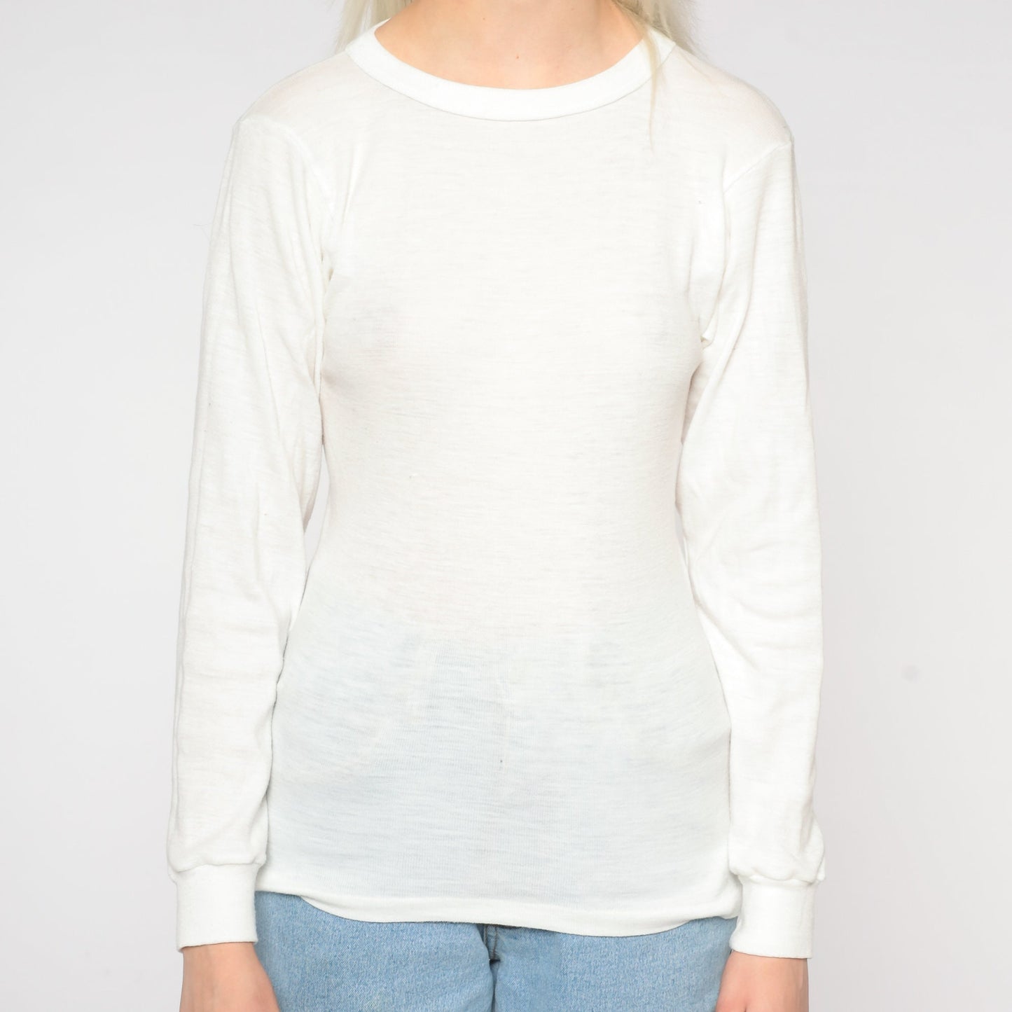 80s White Thermal Long Sleeve Crewneck Shirt Semi Sheer Medium