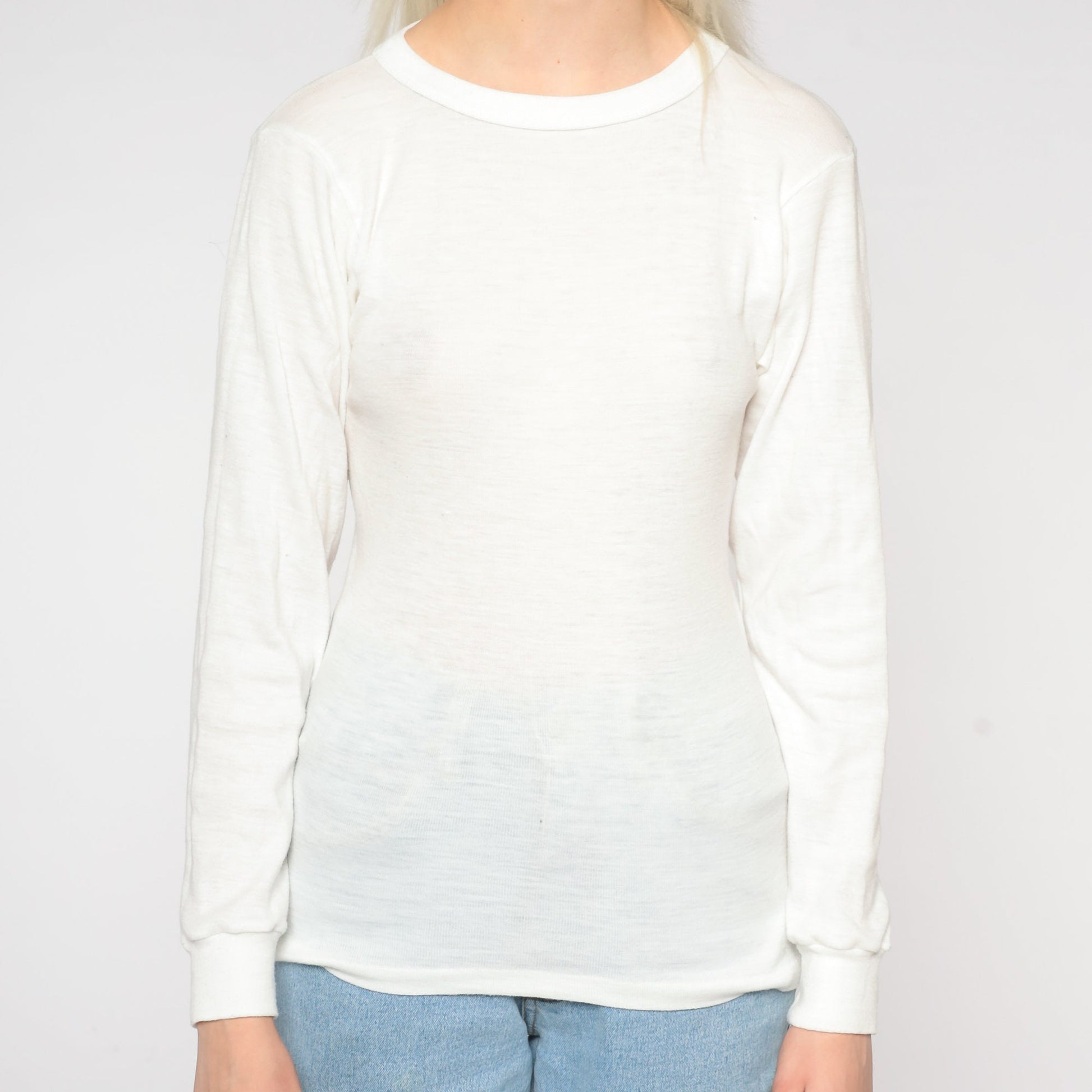 80s White Thermal Long Sleeve Crewneck Shirt Semi Sheer Medium
