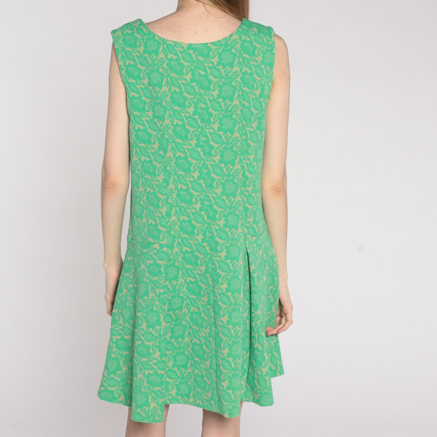 60s Floral Mini Dress Green Drop Waist Pleated Sleeveless Mod Medium Large
