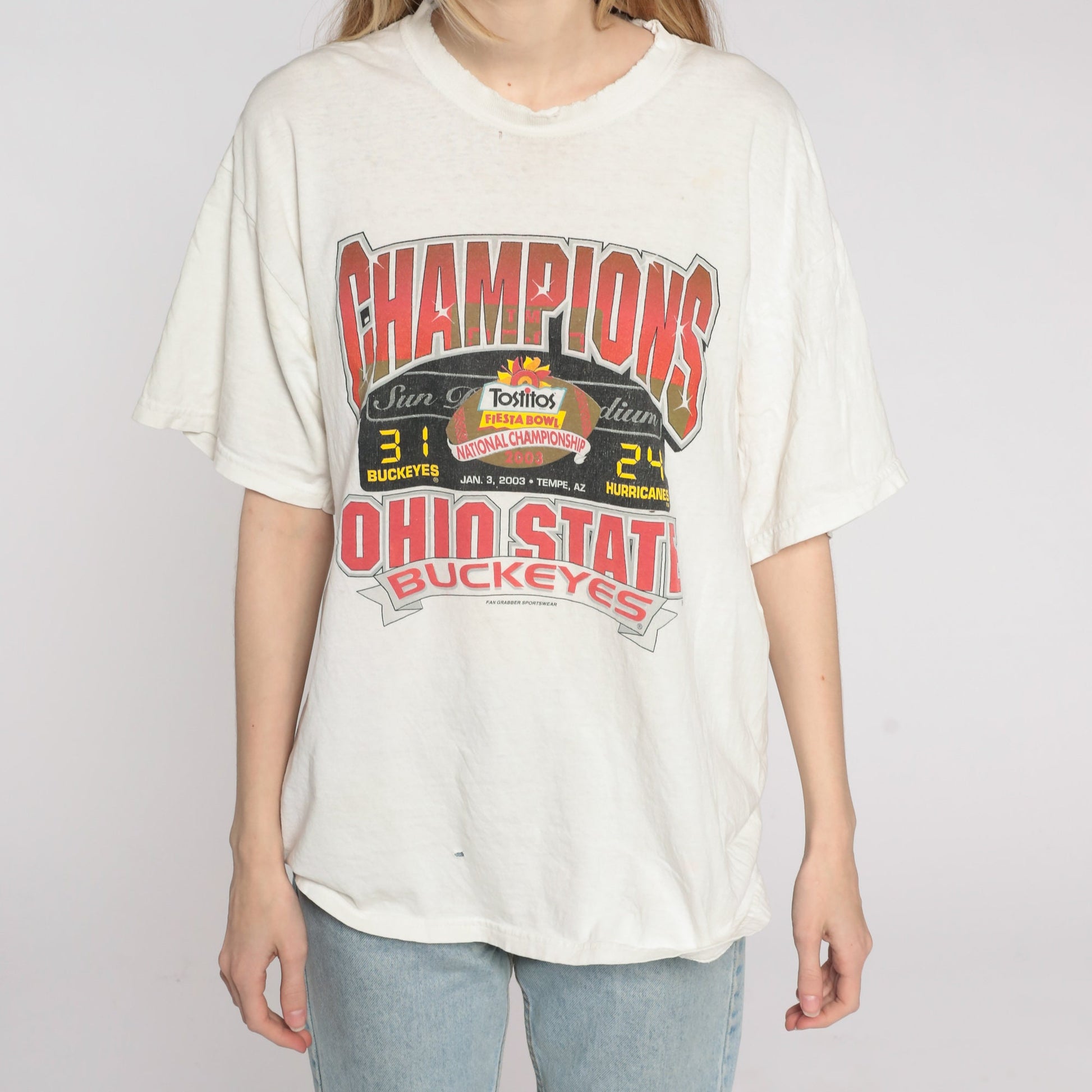 2003 Ohio State Buckeyes Fiesta Bowl Champions T Shirt Distressed Graphic Large
