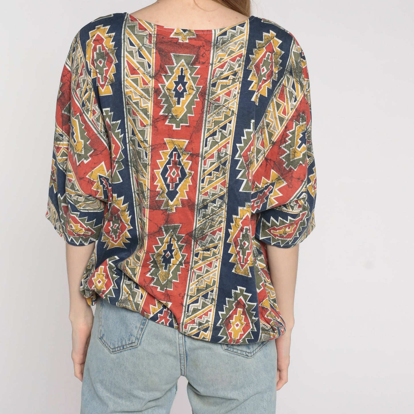 90s Southwestern Aztec Print Button Up Blouse Blue Red Striped Plus Size XXL