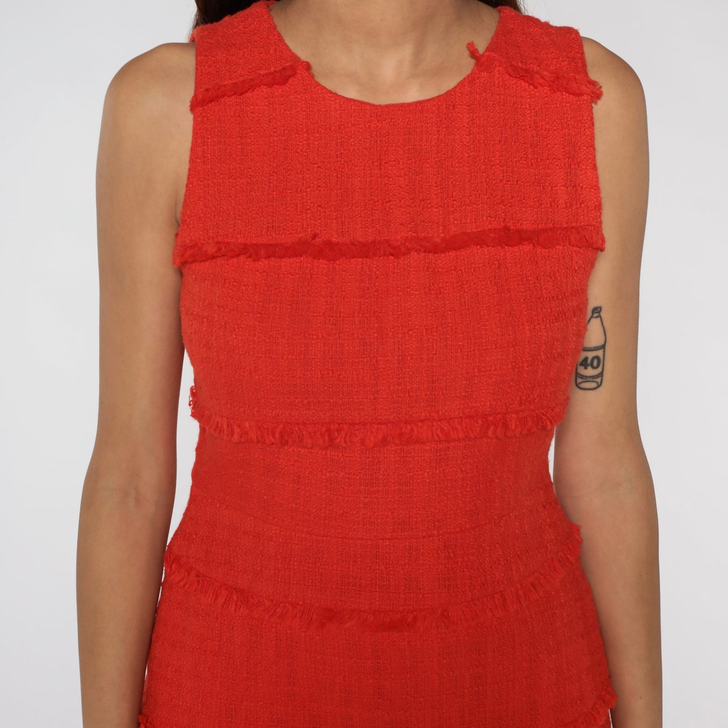 00s Orange Cotton Mini Dress Sleeveless Sheath Fringe Trim Small