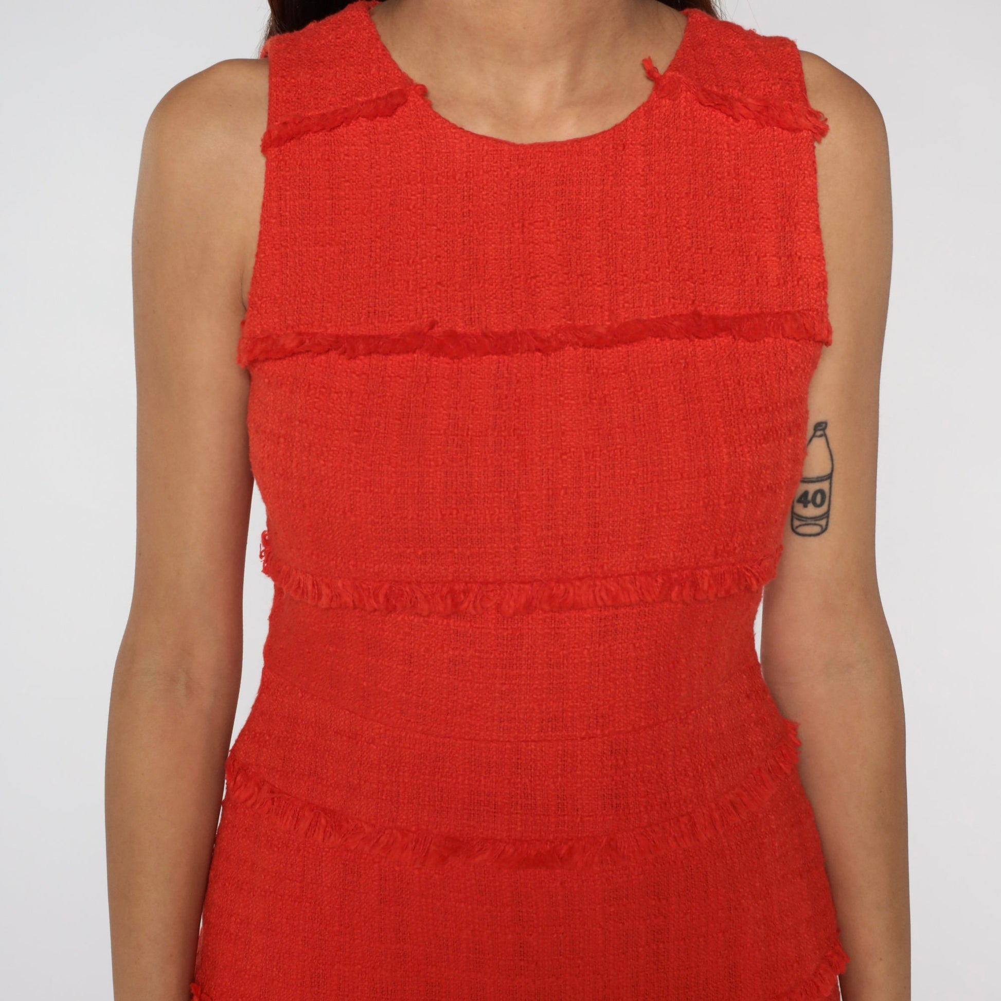 00s Orange Cotton Mini Dress Sleeveless Sheath Fringe Trim Small