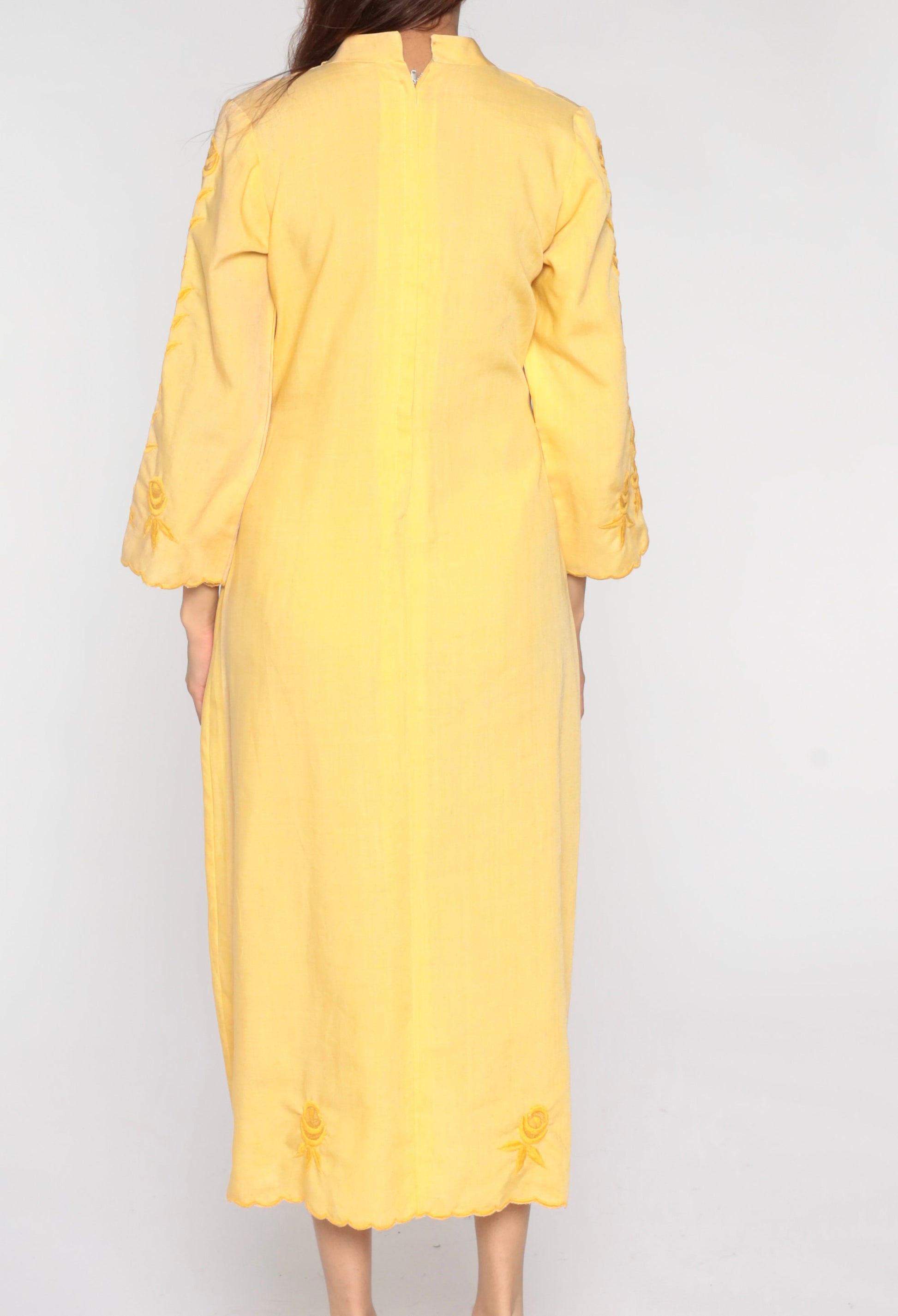 70s Yellow Floral Embroidered Midi Dress Long Sleeve Shift Small Medium