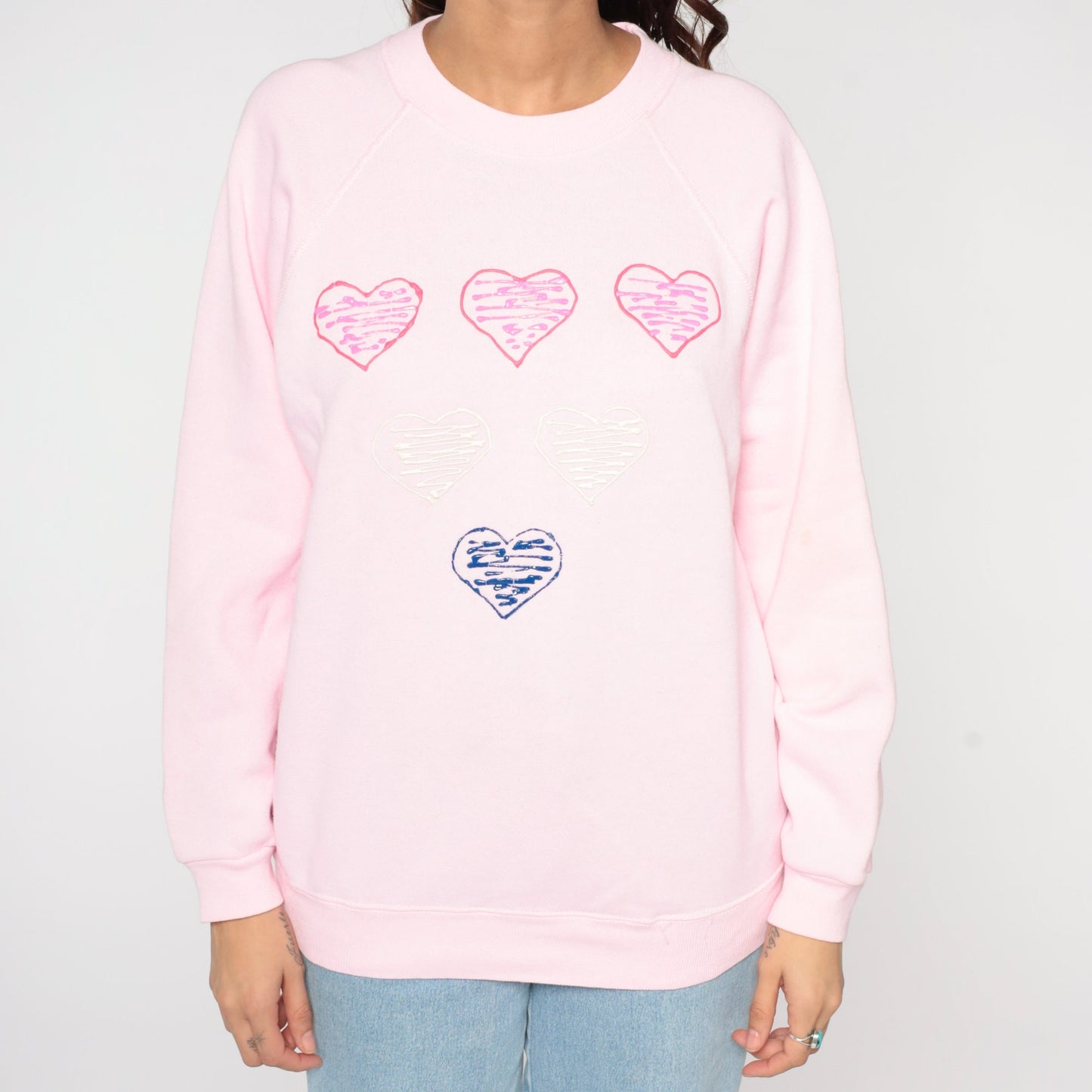 80s Hand Painted Heart Sweatshirt Baby Pink Raglan Graphic Large L
