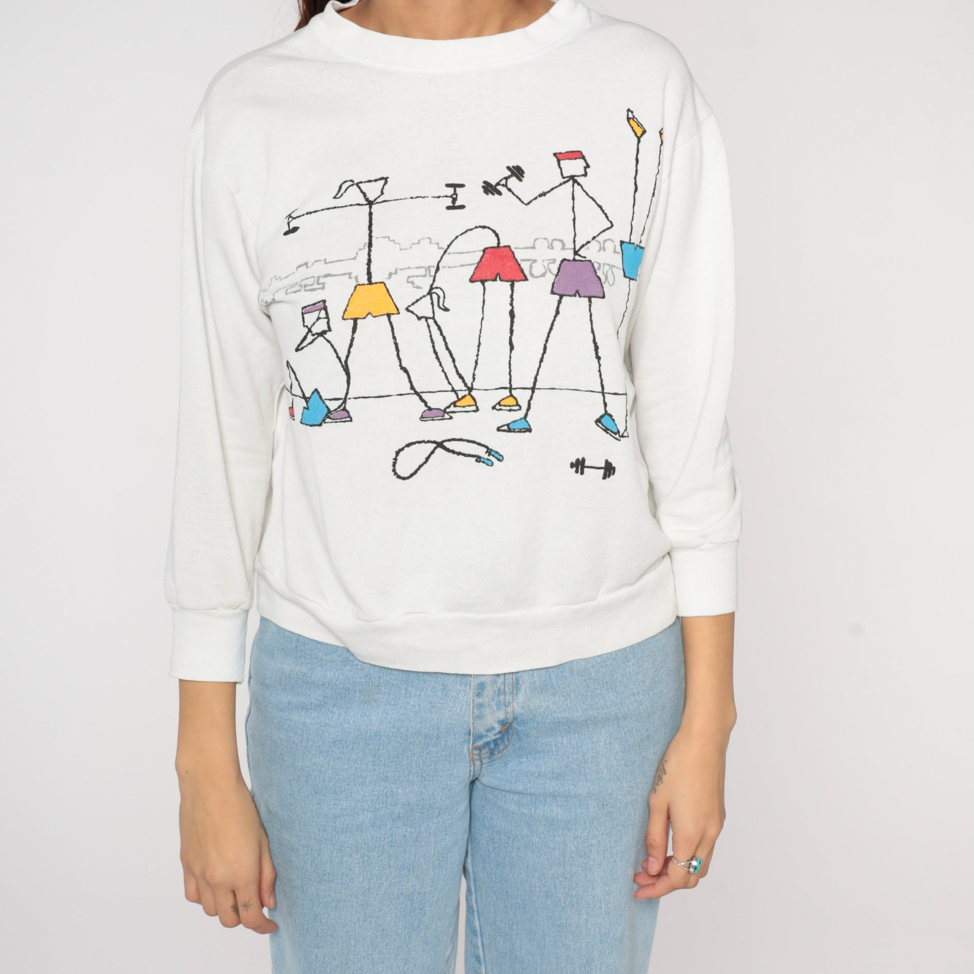 80s Workout Graphic Sweatshirt Stick Figure Fitness White Crewneck Medium