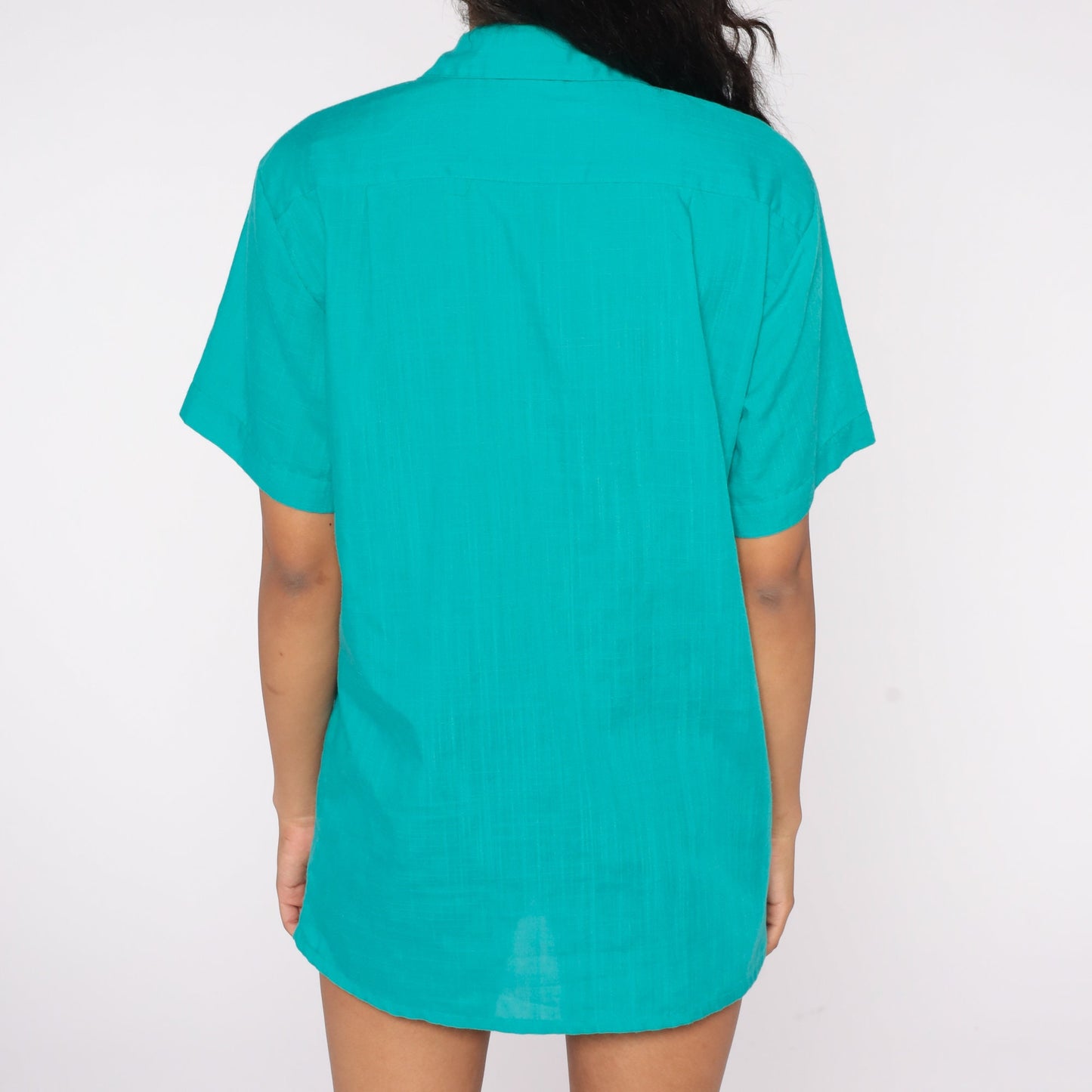 80s Turquoise Button-Up Shirt Short Sleeve Plain Top Medium Large