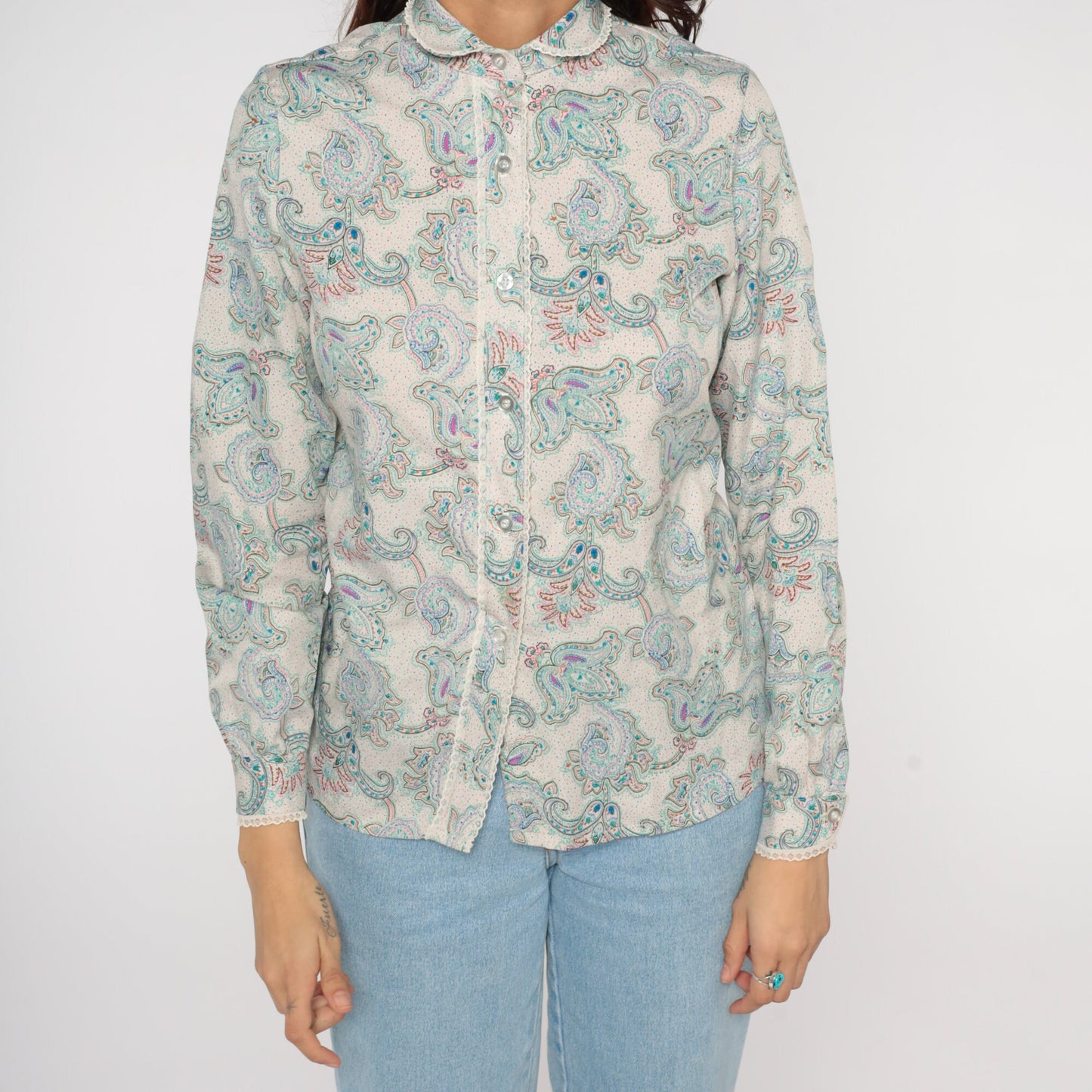 80s Paisley Blouse Peter Pan Collar Button-Up Long Sleeve Off-White Small S