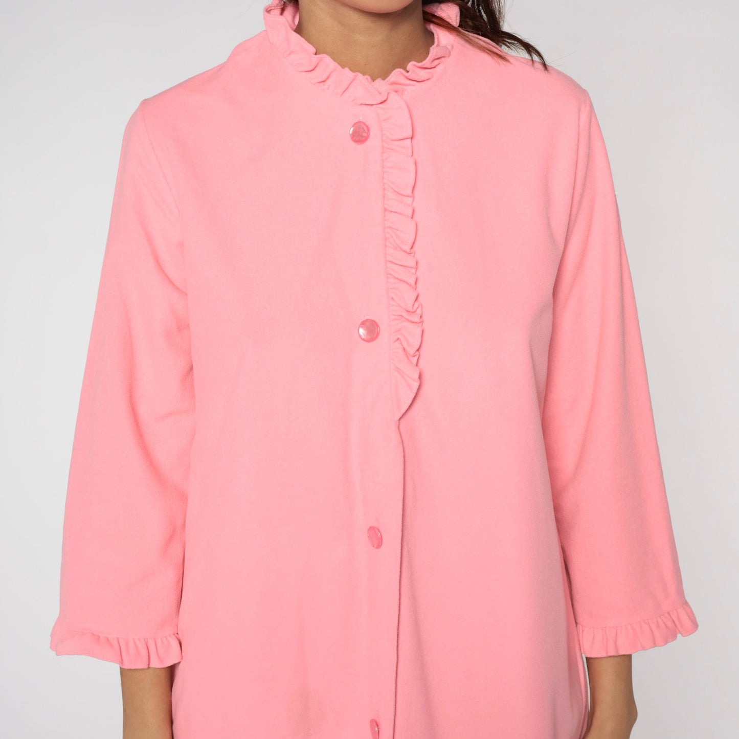 70s Pink Fleece Lounge Dress Mini Button-Up Long Sleeve Medium Large