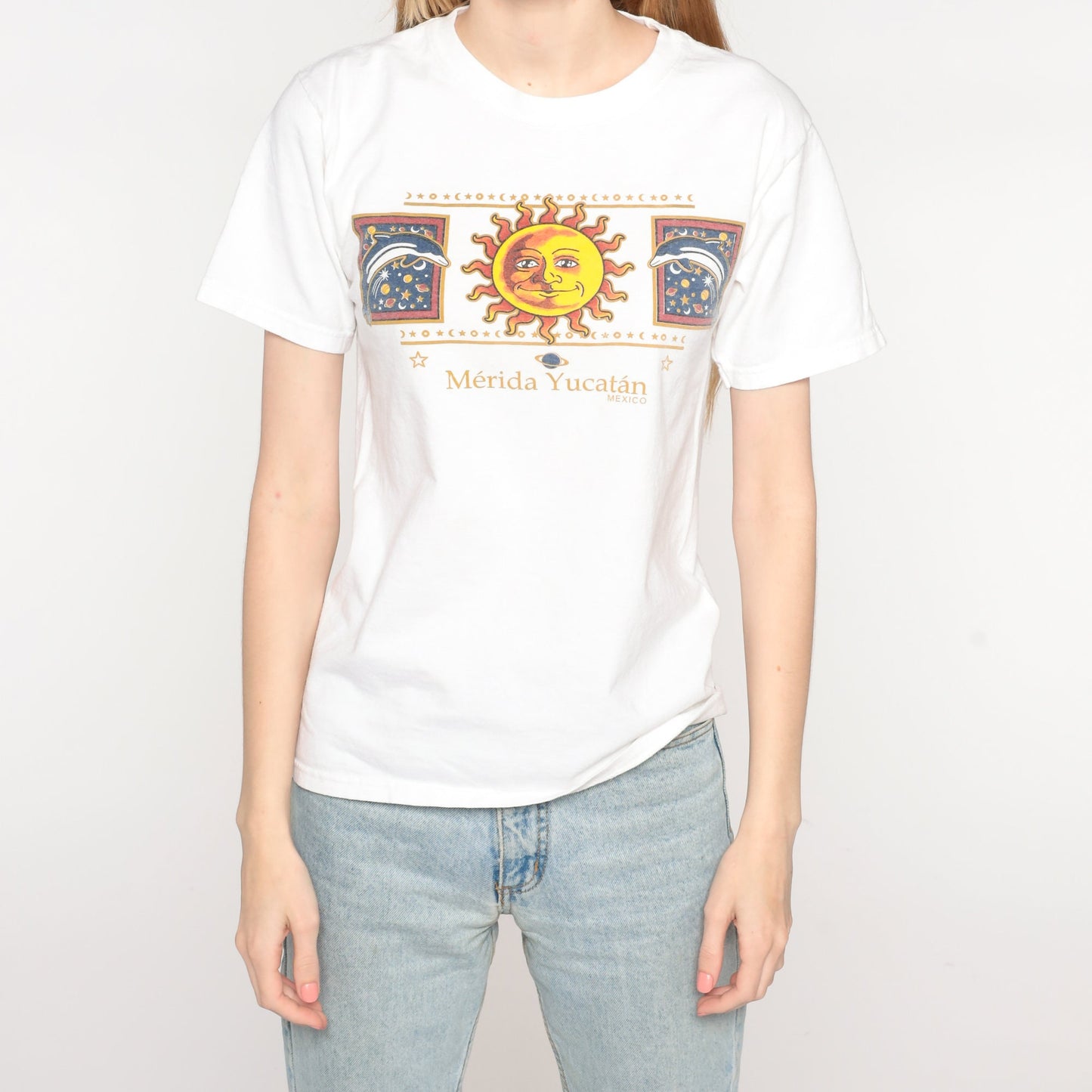 Y2K Merida Yucatan Dolphin Sun Graphic T-Shirt Cotton 00s Small