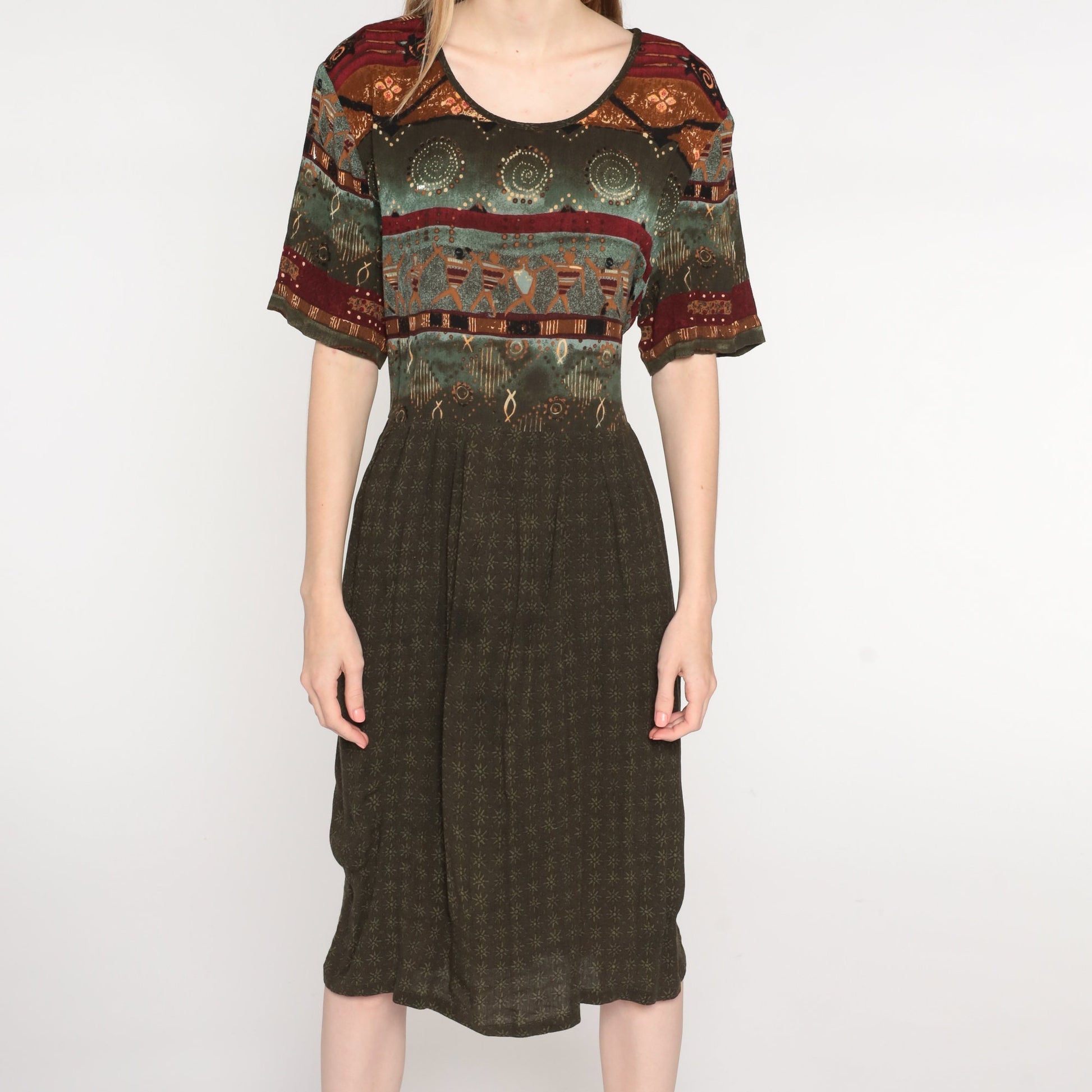 90s Brown Geometric Print Midi Dress High Waist Short Sleeve Plus Size 16W