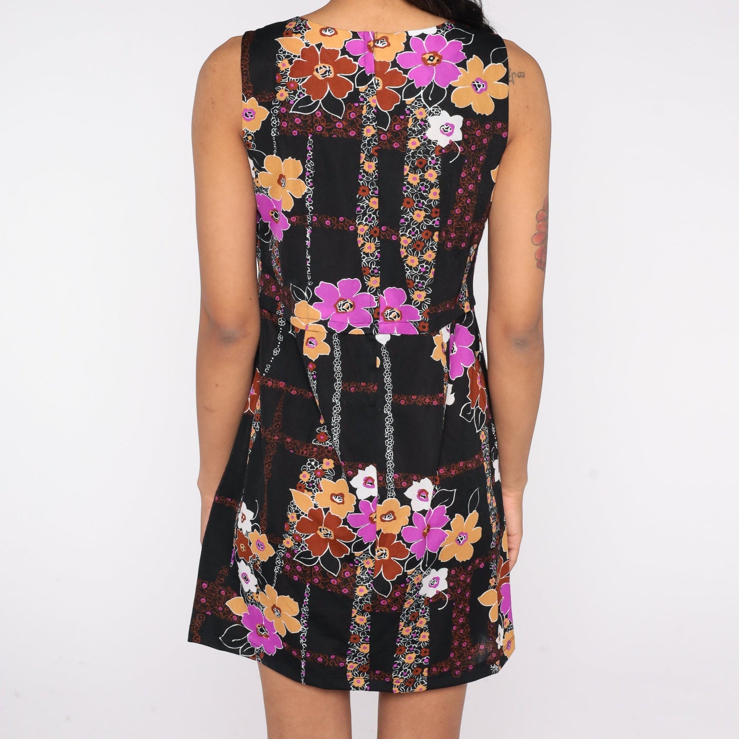 70s Black Floral Mini Dress Sleeveless A-Line Small