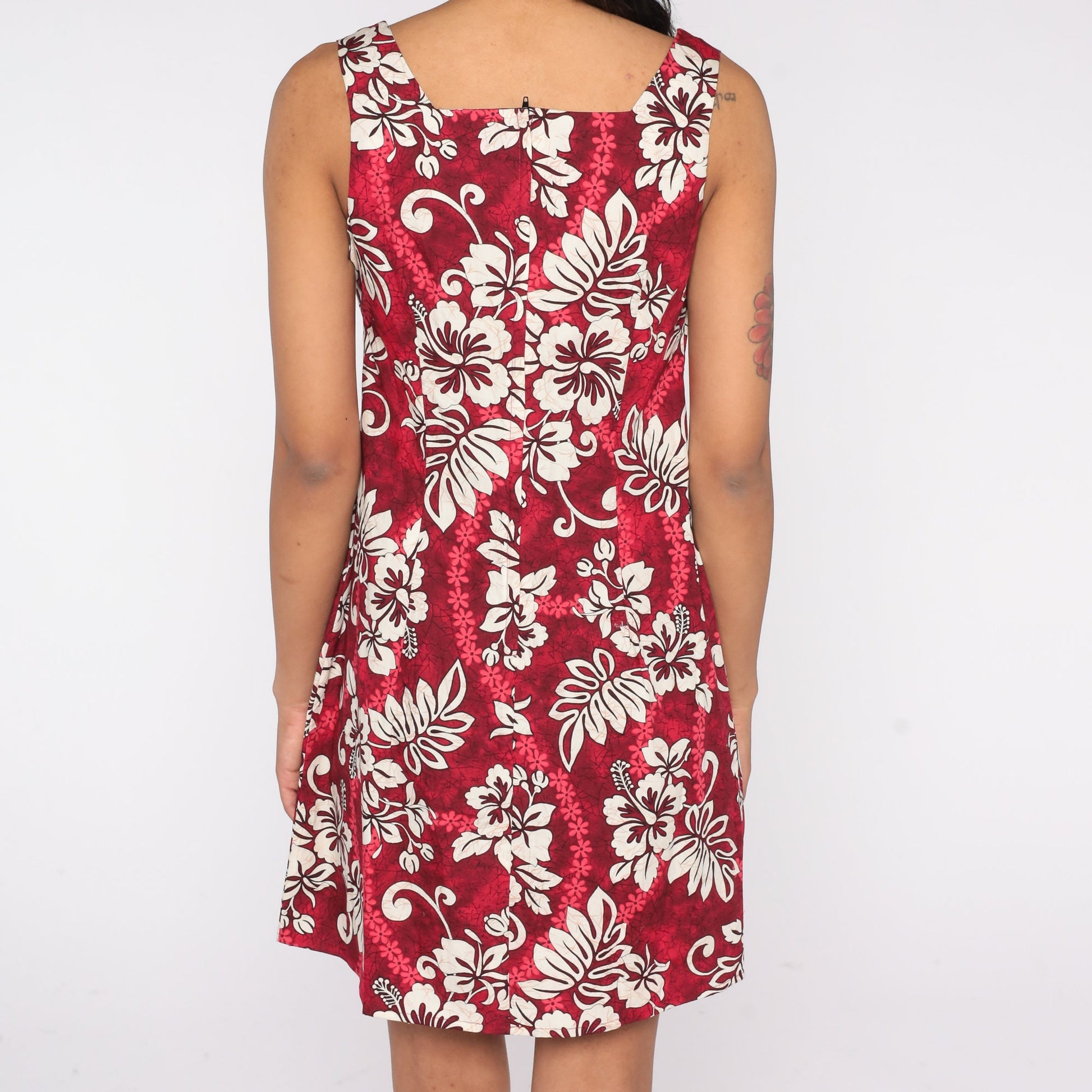90s Hawaiian Floral Mini Dress Red Tropical Print Sleeveless Small S