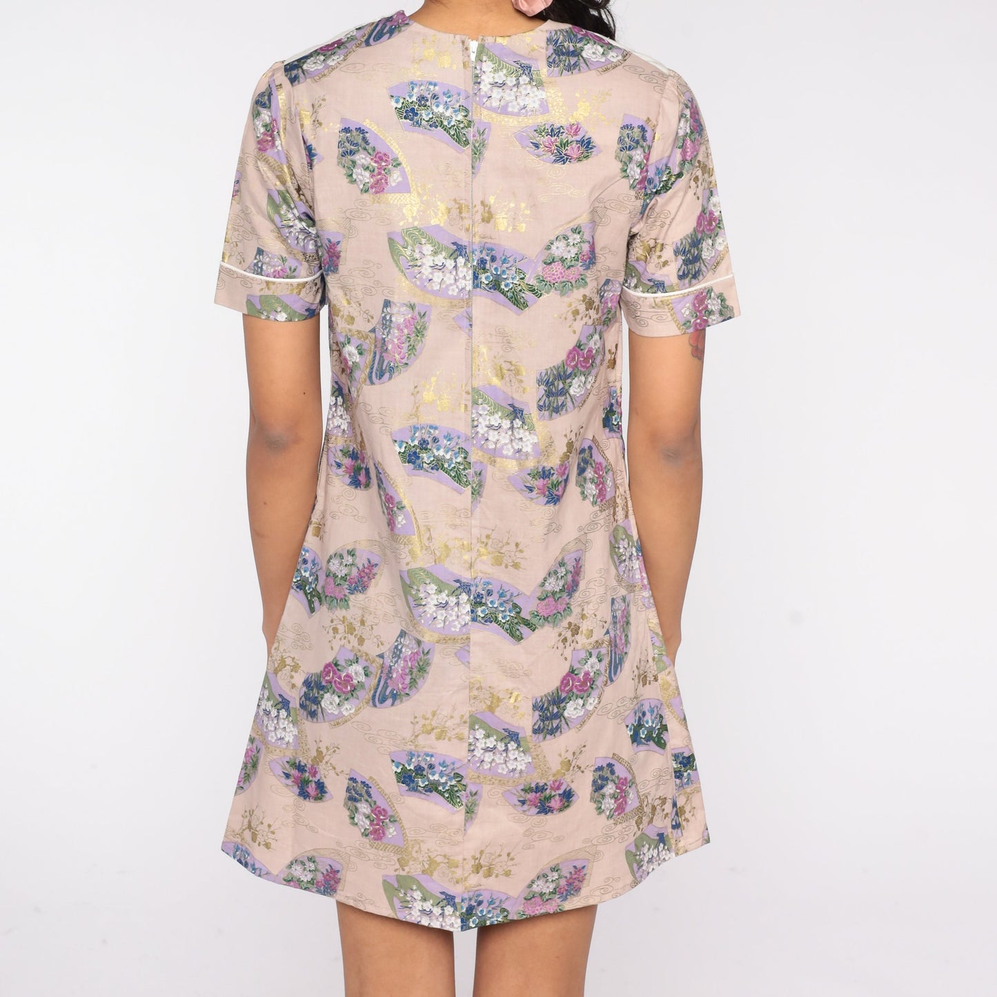 60s Asian Floral Mini Shift Dress Eyelet Lace Bib Short Sleeve Extra Small