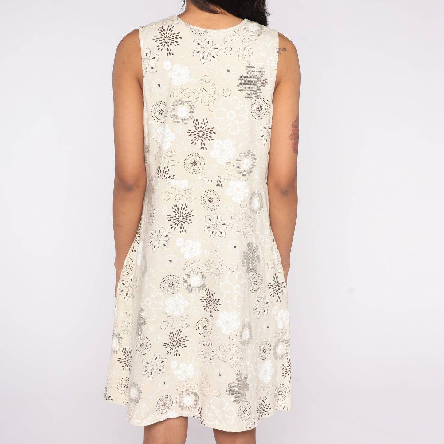 Y2K Floral Mini Dress Beige Empire Waist Sleeveless Large L