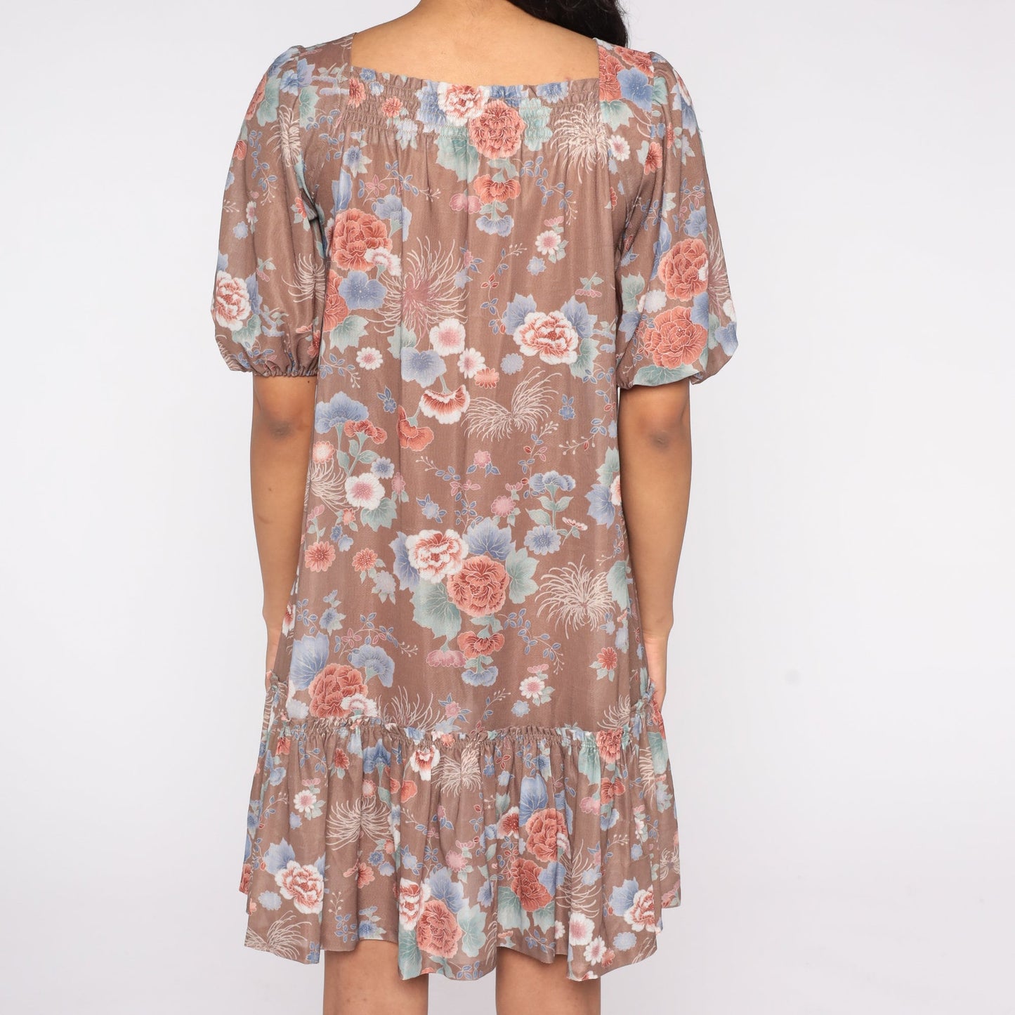 70s Floral Tent Dress Knee Length Ruffle Peasant Sleeve Small Medium