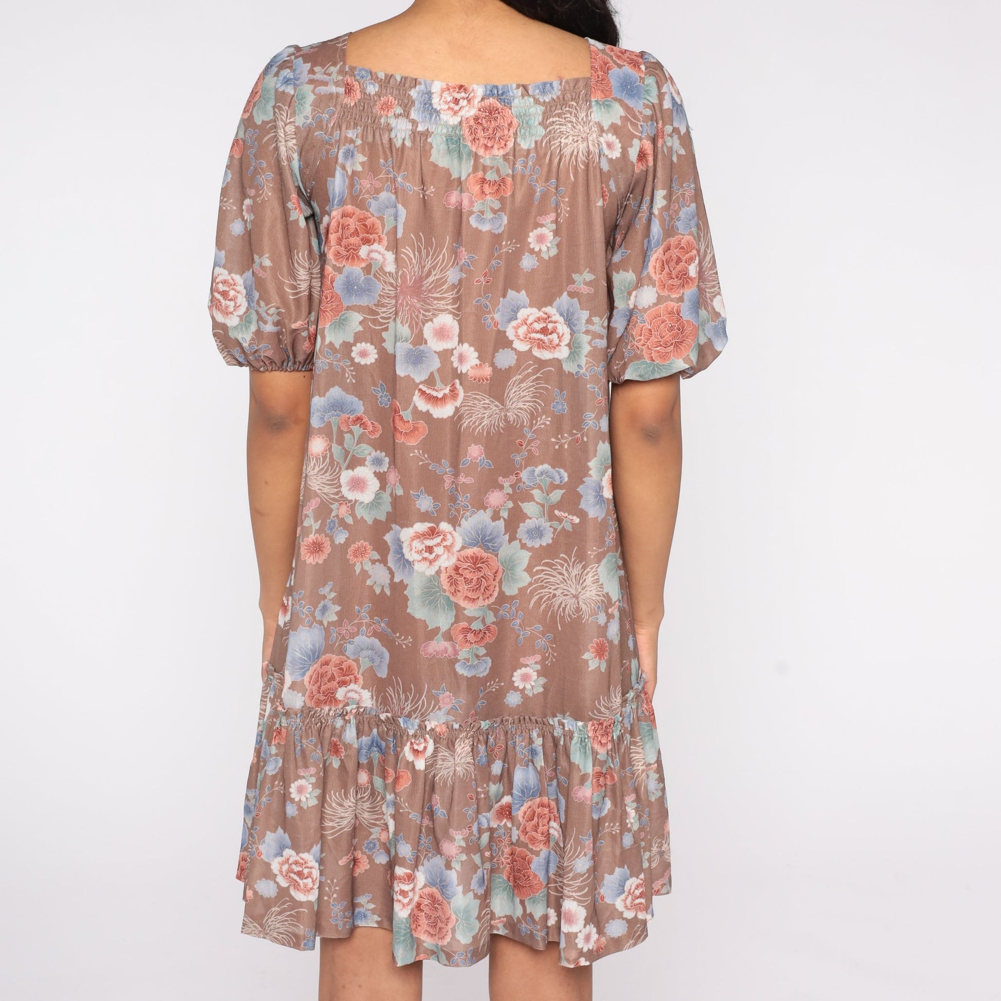 70s Floral Tent Dress Knee Length Ruffle Peasant Sleeve Small Medium