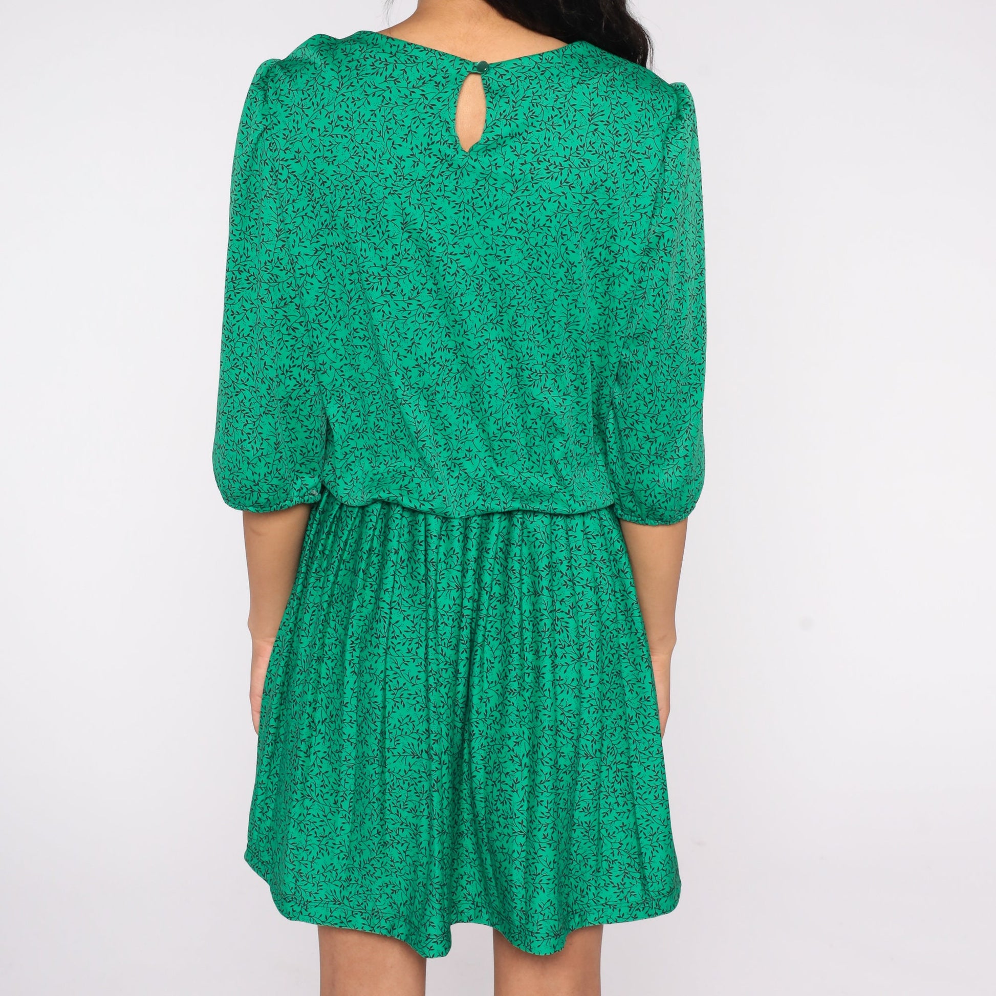 80s Green Vine Print Mini Dress Puff Sleeve High Waist Blouson Medium