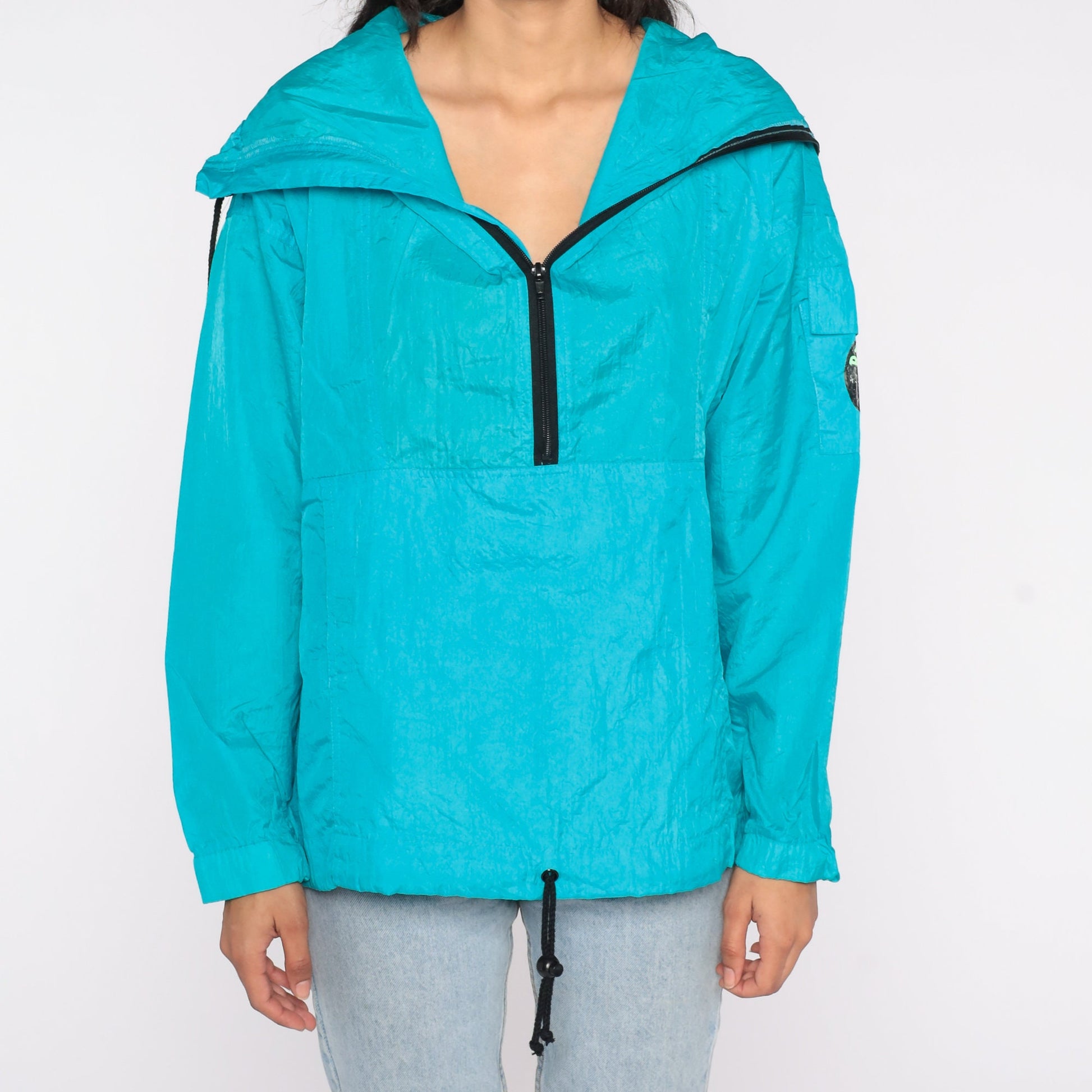 90s Turquoise Shiny Windbreaker Jacket Quarter Zip Hood Red Pepper Medium M